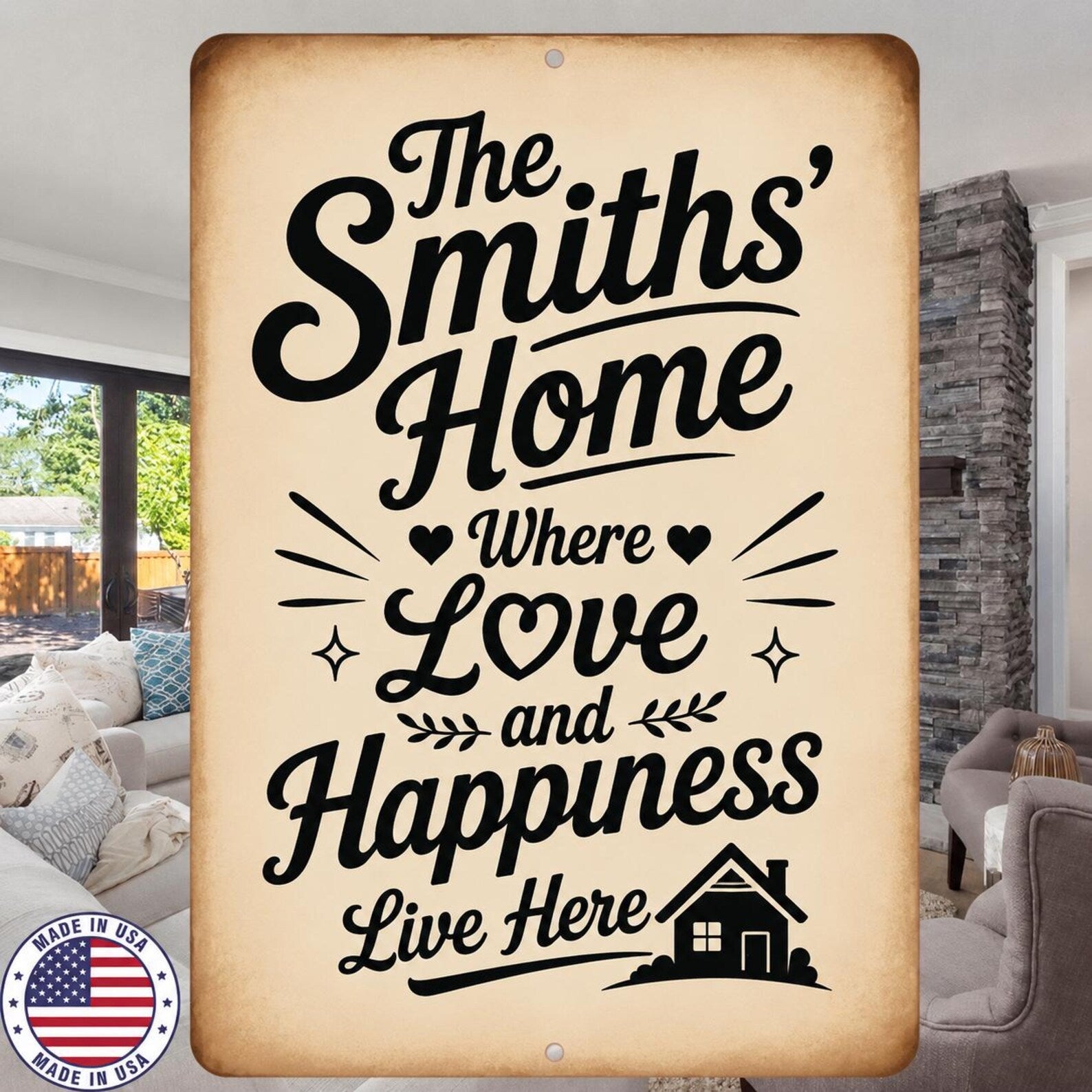Custom Family Name Metal Sign: Where Love and Happiness Live Here Farmhouse Decor