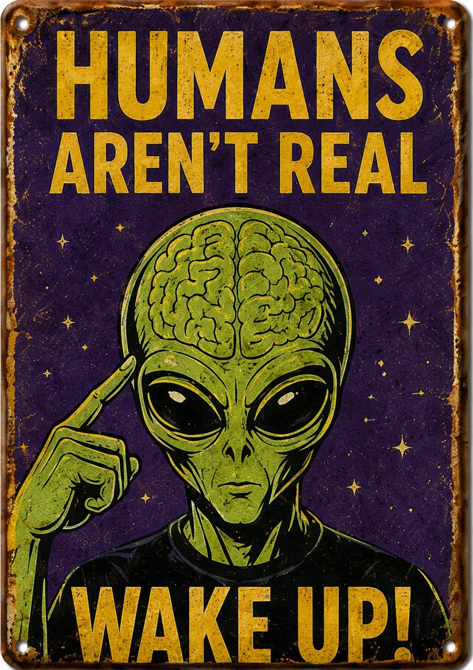 Retro UFO Tin Sign, Funny Alien Wall Decor, Vintage Sci-Fi Poster, Customizable Metal Plaque