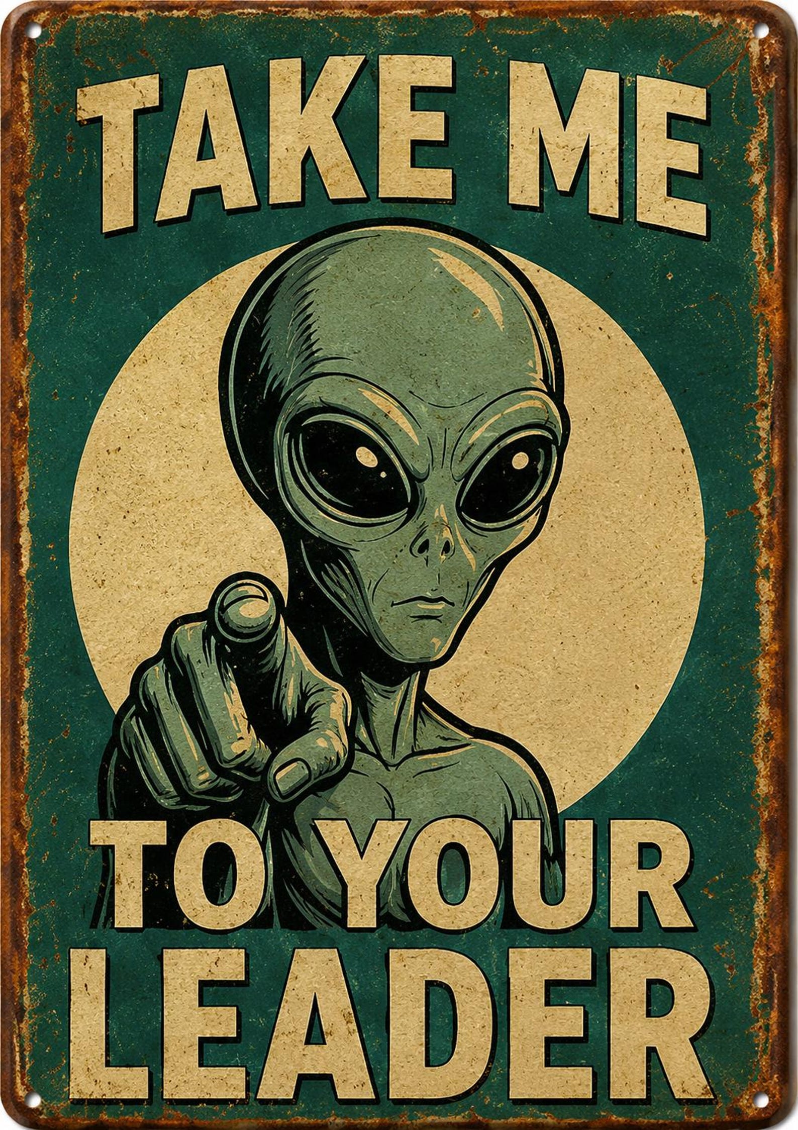 Retro UFO Tin Sign, Funny Alien Wall Decor, Vintage Sci-Fi Poster, Customizable Metal Plaque