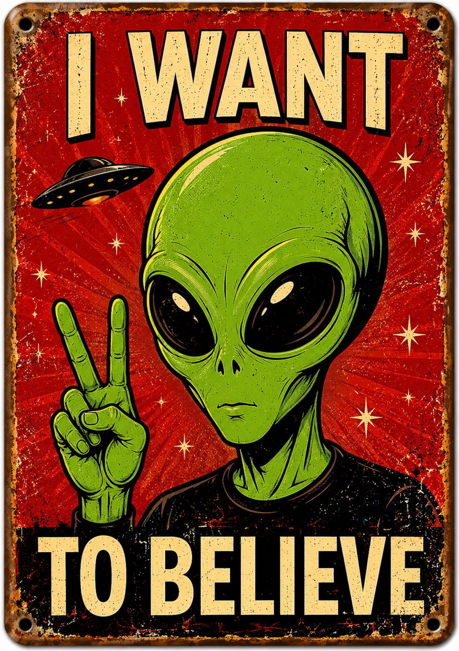 Retro UFO Tin Sign, Funny Alien Wall Decor, Vintage Sci-Fi Poster, Customizable Metal Plaque