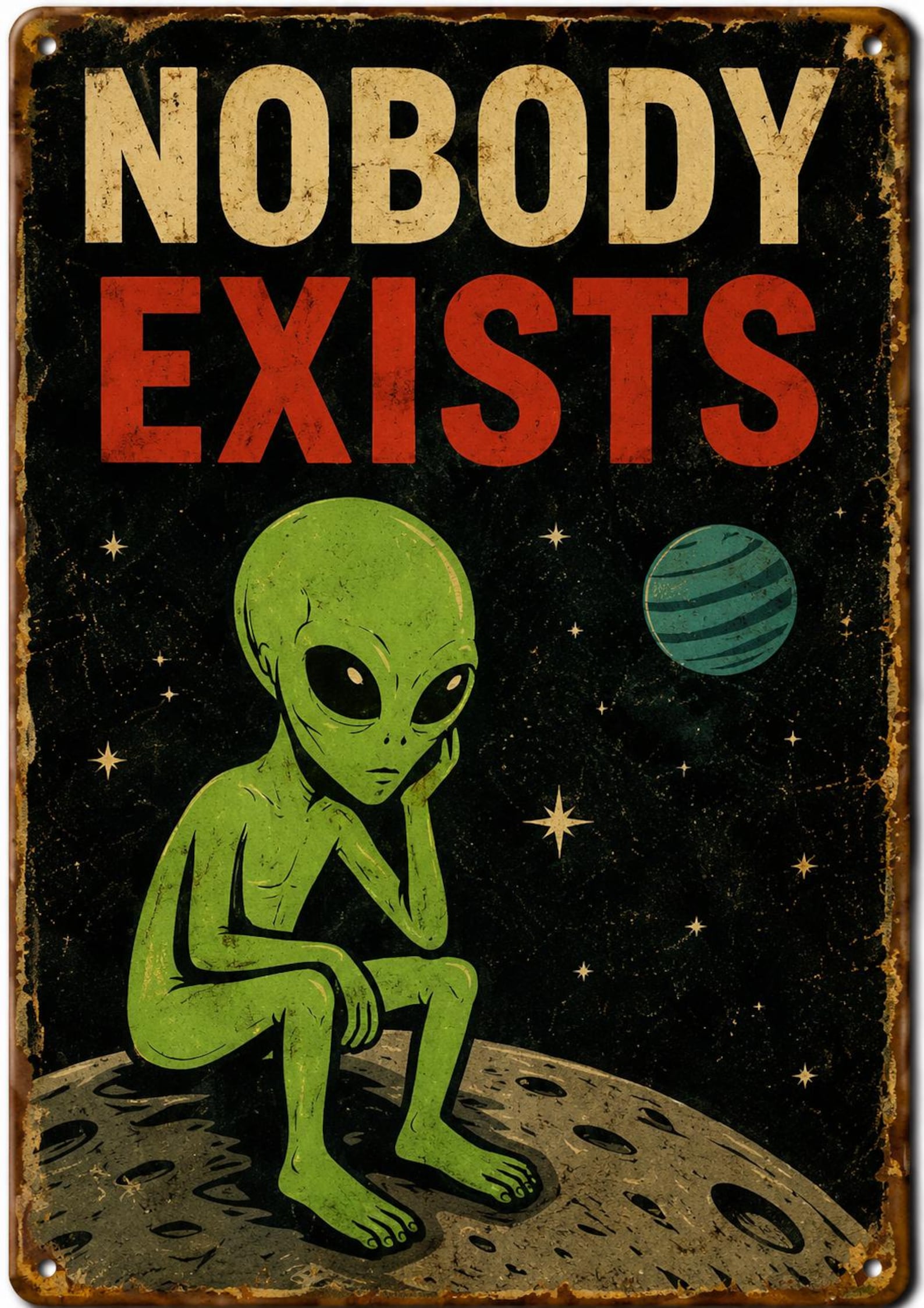 Retro UFO Tin Sign, Funny Alien Wall Decor, Vintage Sci-Fi Poster, Customizable Metal Plaque