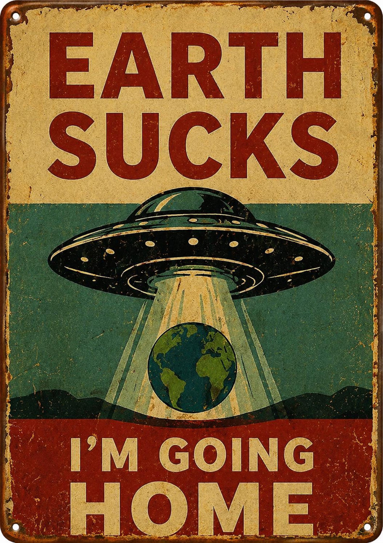 Retro UFO Tin Sign, Funny Alien Wall Decor, Vintage Sci-Fi Poster, Customizable Metal Plaque