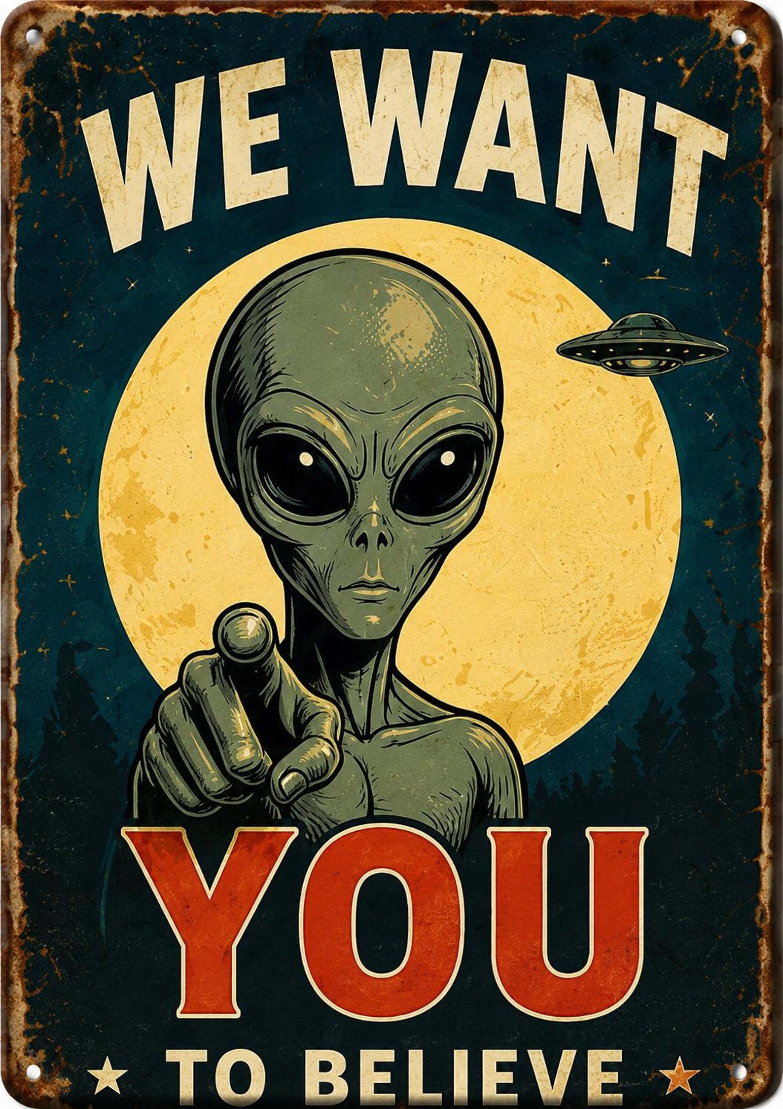 Retro Alien Abduction Tin Sign, UFO Sci-Fi Wall Art, Vintage Metal Decor