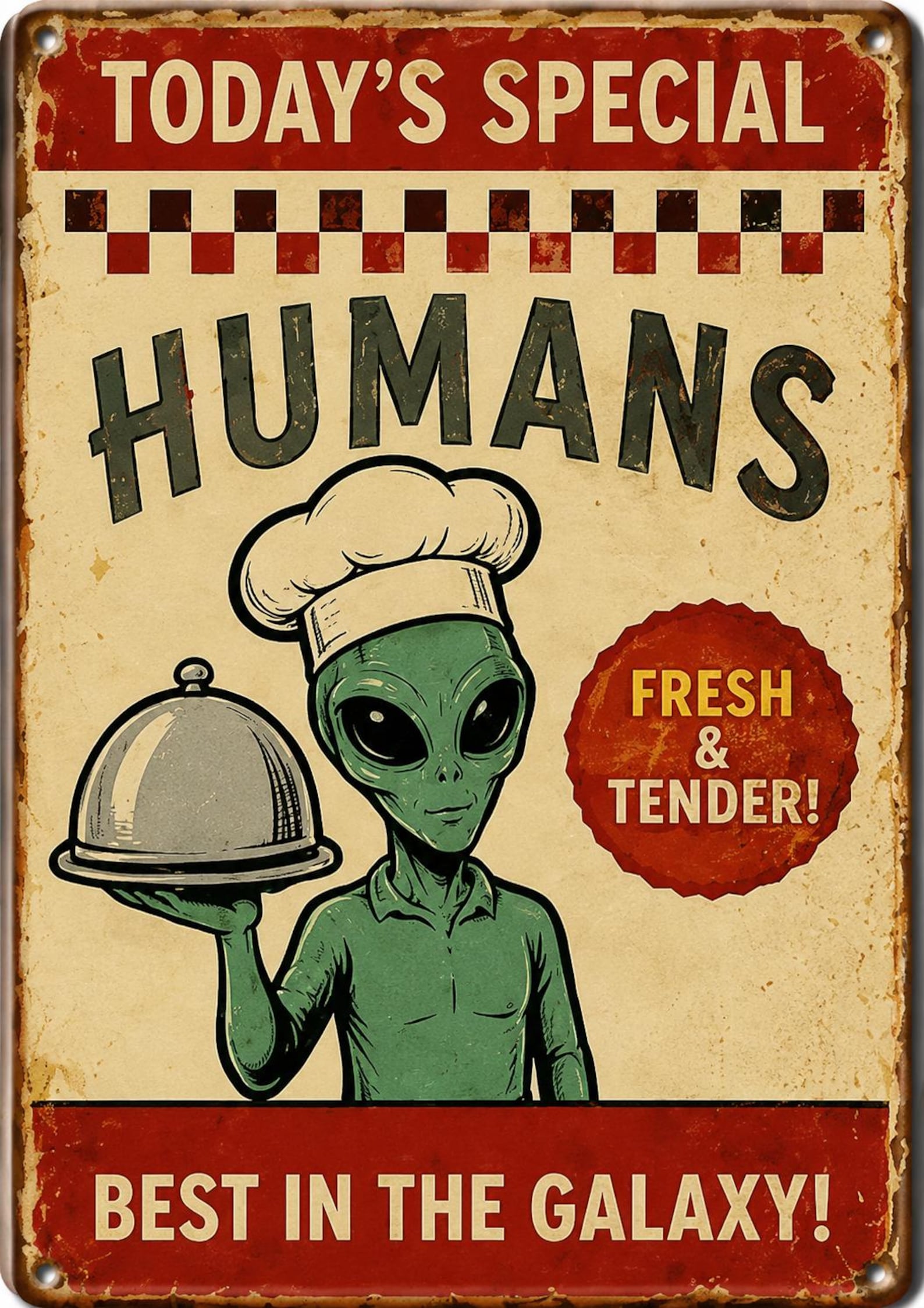 Retro Alien Abduction Tin Sign, UFO Sci-Fi Wall Art, Vintage Metal Decor