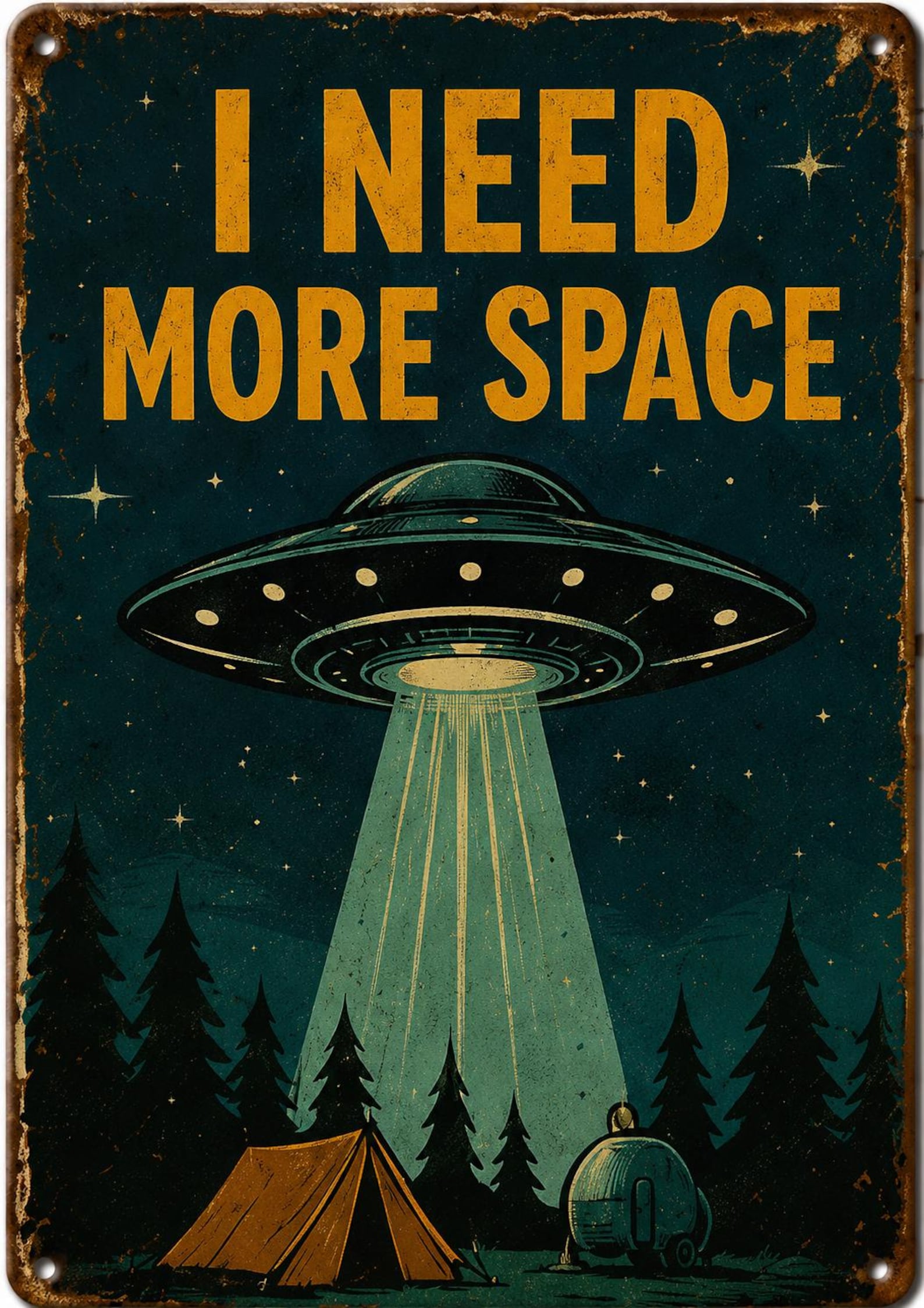 Retro Alien Abduction Tin Sign, UFO Sci-Fi Wall Art, Vintage Metal Decor
