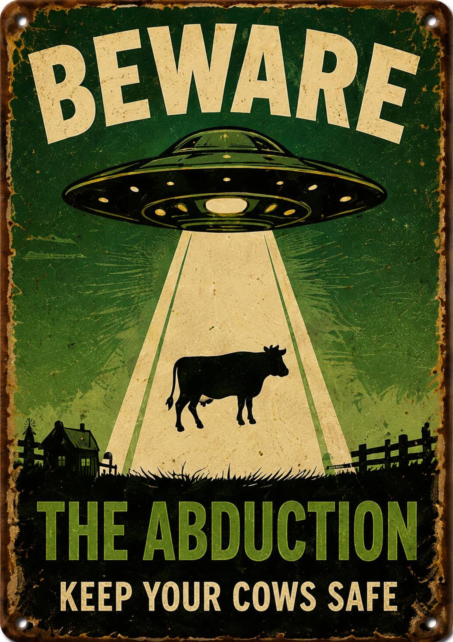Retro Alien Abduction Tin Sign, UFO Sci-Fi Wall Art, Vintage Metal Decor