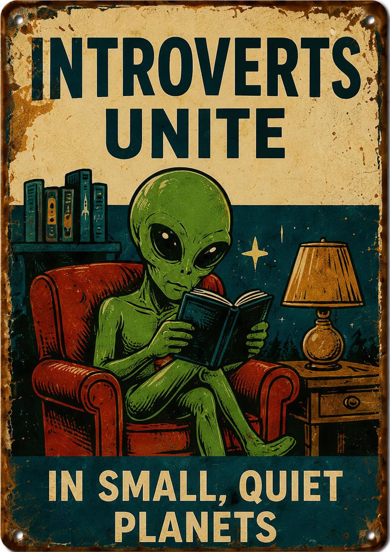 Retro Alien Abduction Tin Sign, UFO Sci-Fi Wall Art, Vintage Metal Decor