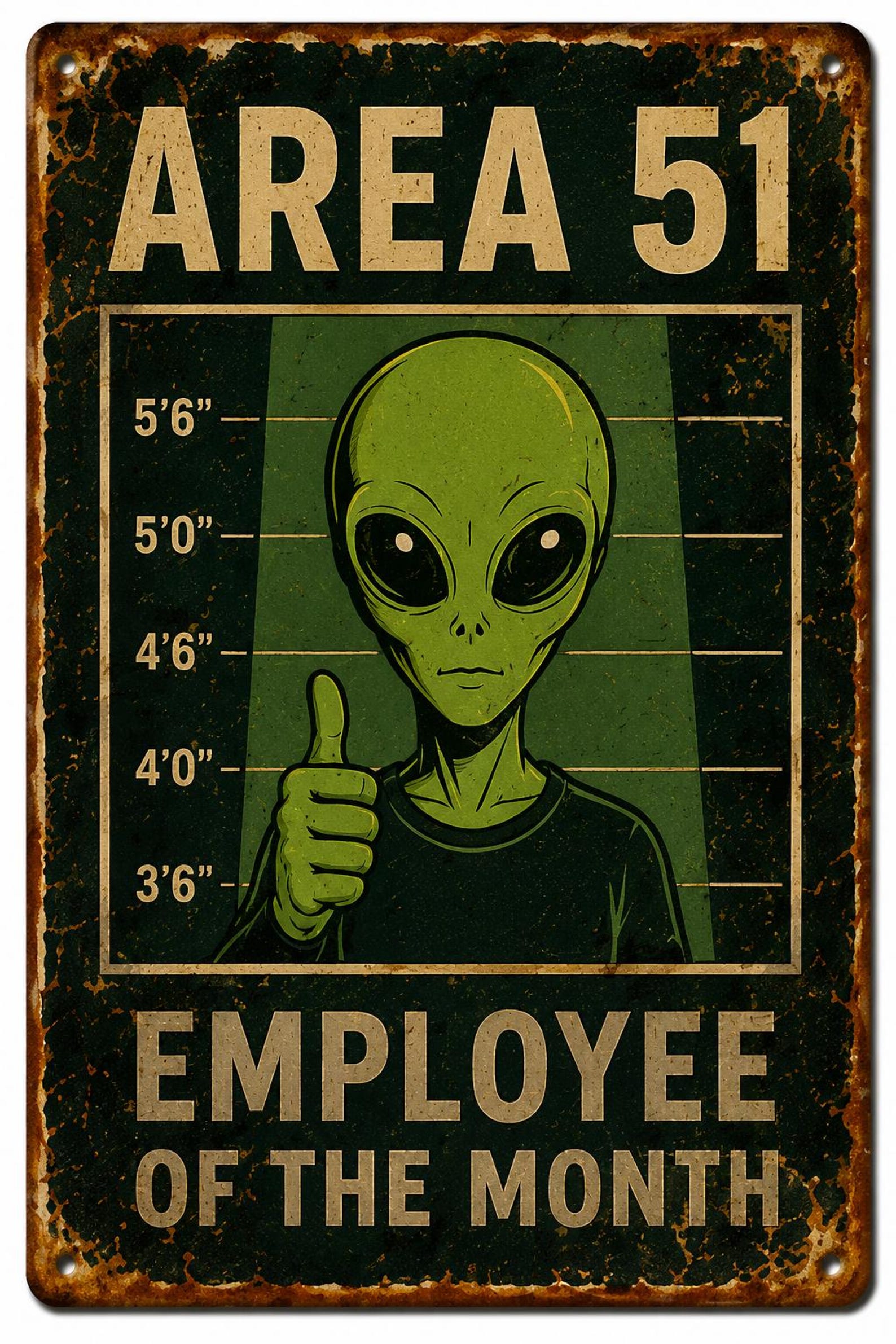 Area 51 Alien Employee of the Month Metal Tin Sign – Retro Sci-Fi Wall Decor