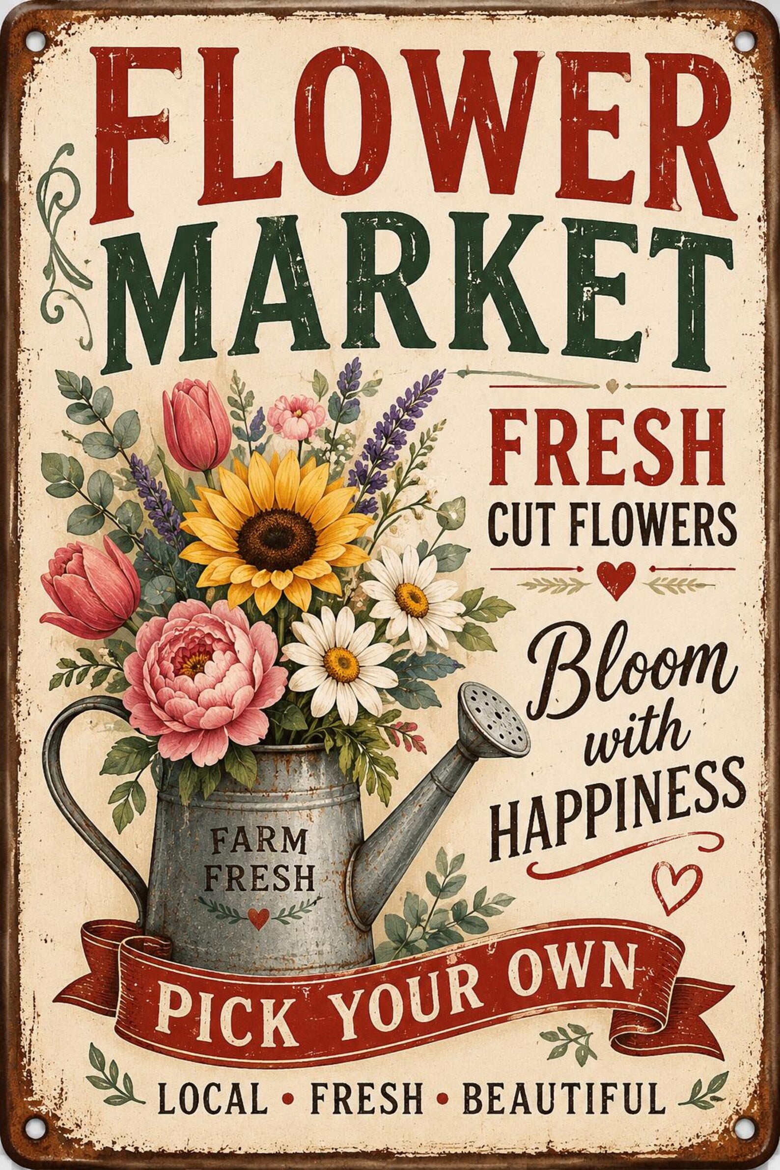 Flower Market Metal Sign, Vintage Floral Watering Can Decor, Farmhouse Garden Wall Art
