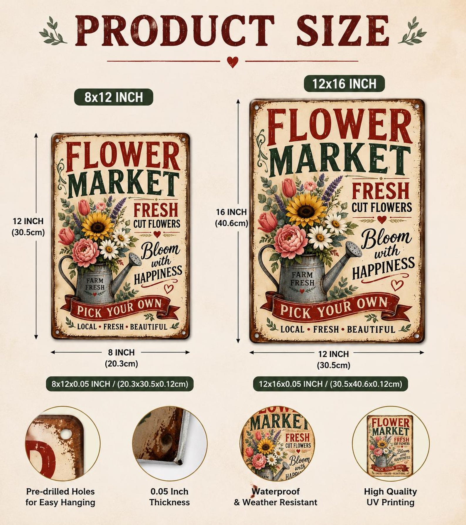 Flower Market Metal Sign, Vintage Floral Watering Can Decor, Farmhouse Garden Wall Art