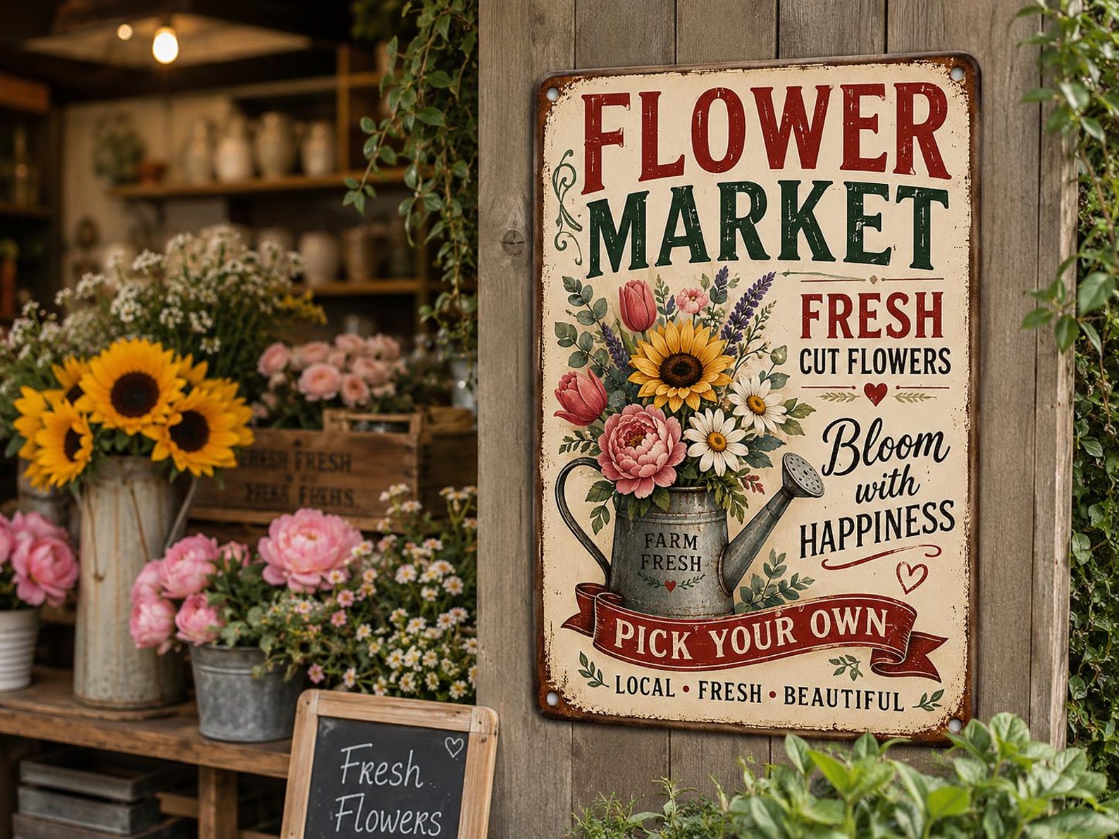 Flower Market Metal Sign, Vintage Floral Watering Can Decor, Farmhouse Garden Wall Art