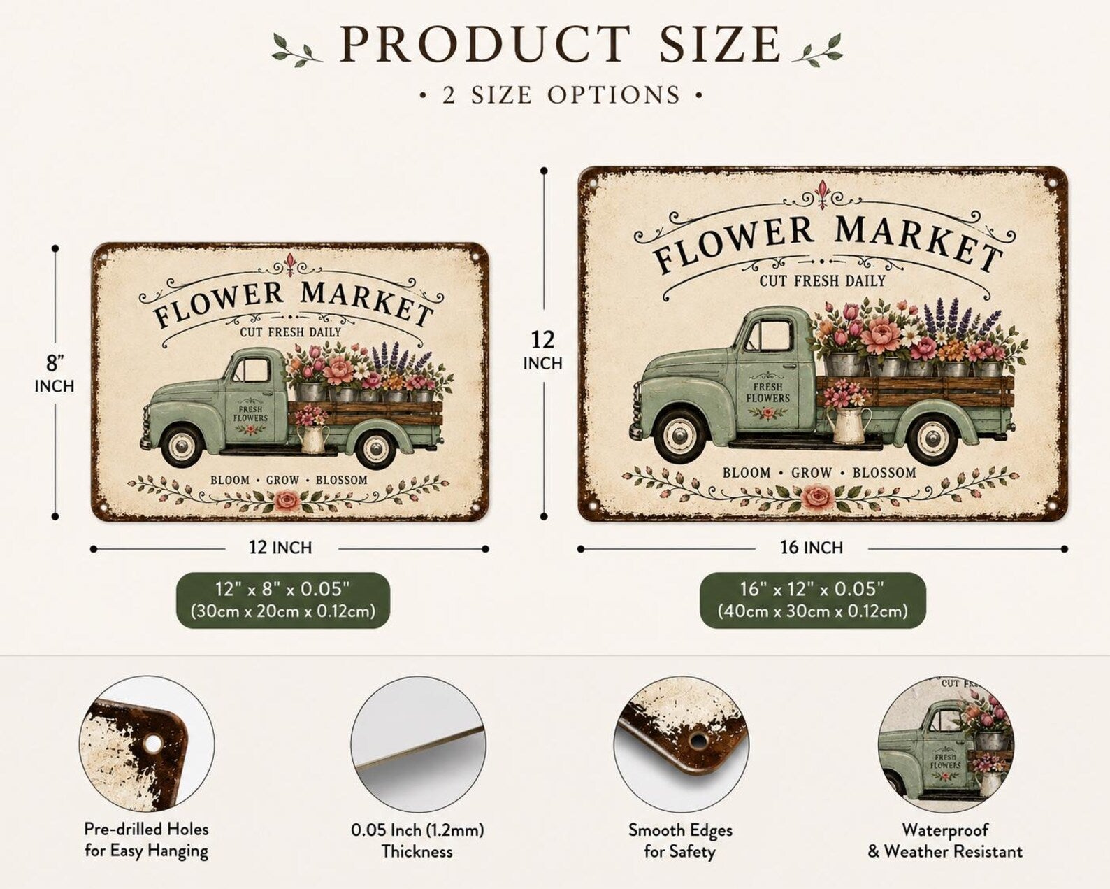Vintage Flower Market Truck Metal Sign, Floral Farmhouse Wall Decor