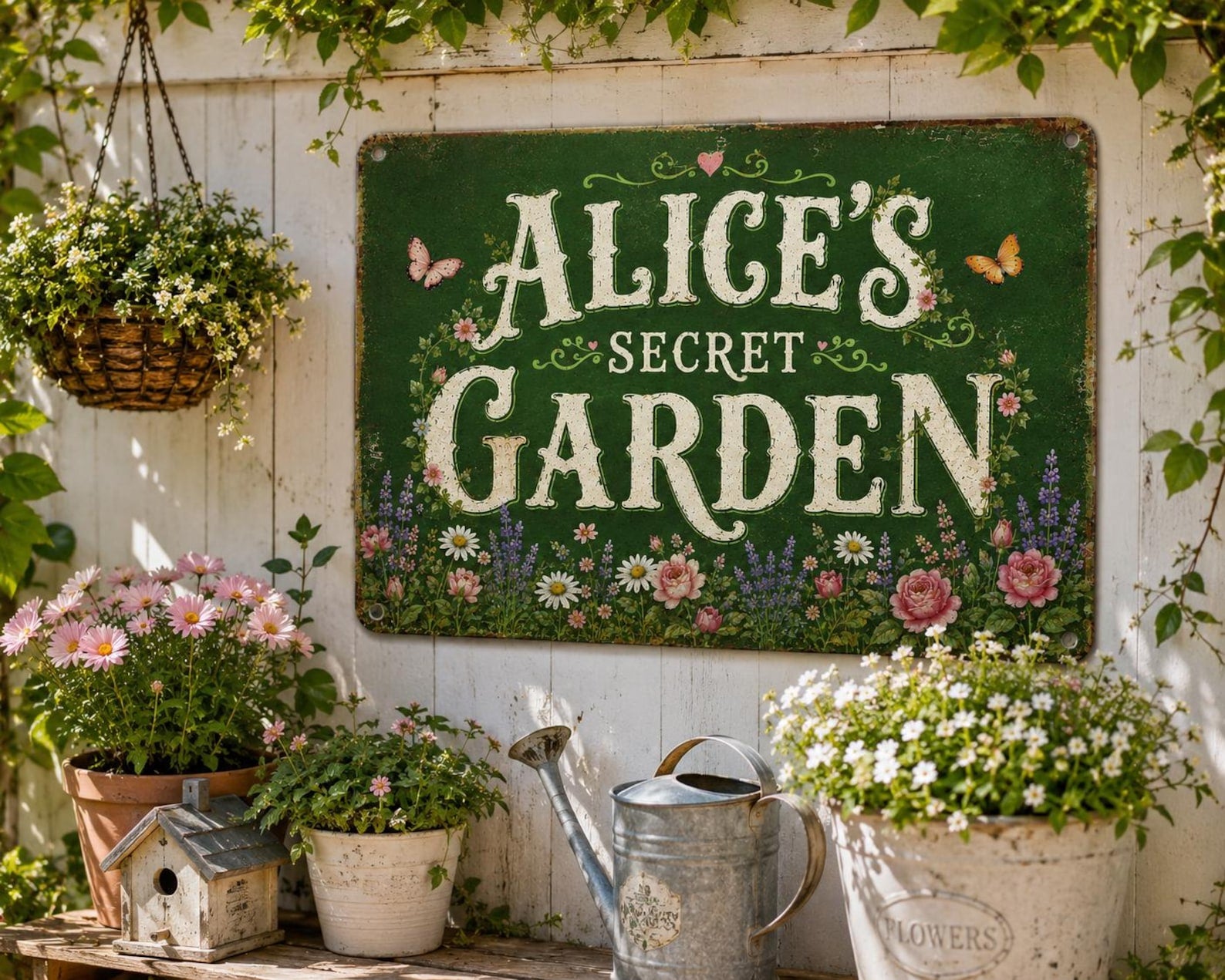 Personalized Secret Garden Metal Sign, Vintage Floral Decor, Custom Name Plaque