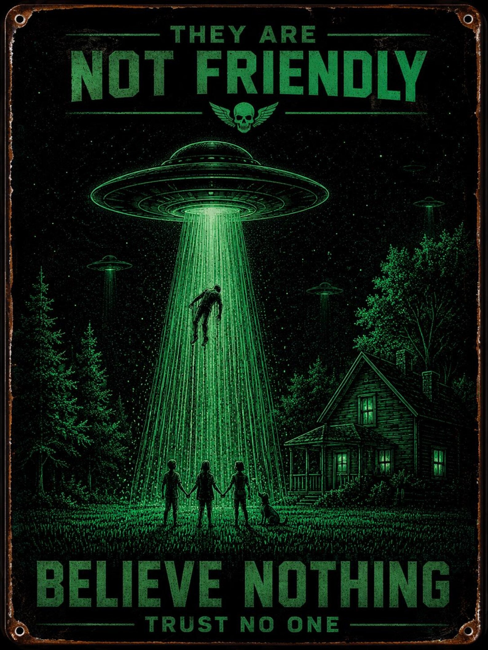 Retro Alien Invasion Metal Sign – "Obey Them Or Die" UFO Wall Decor