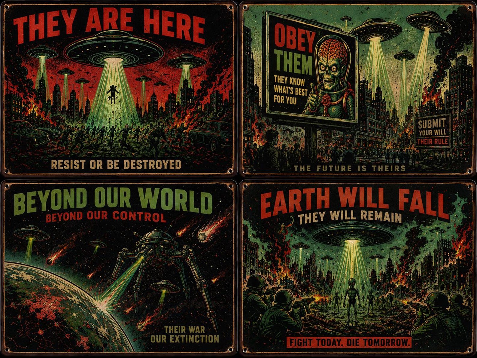 Retro Alien Invasion Metal Sign – "Obey Them Or Die" UFO Wall Decor