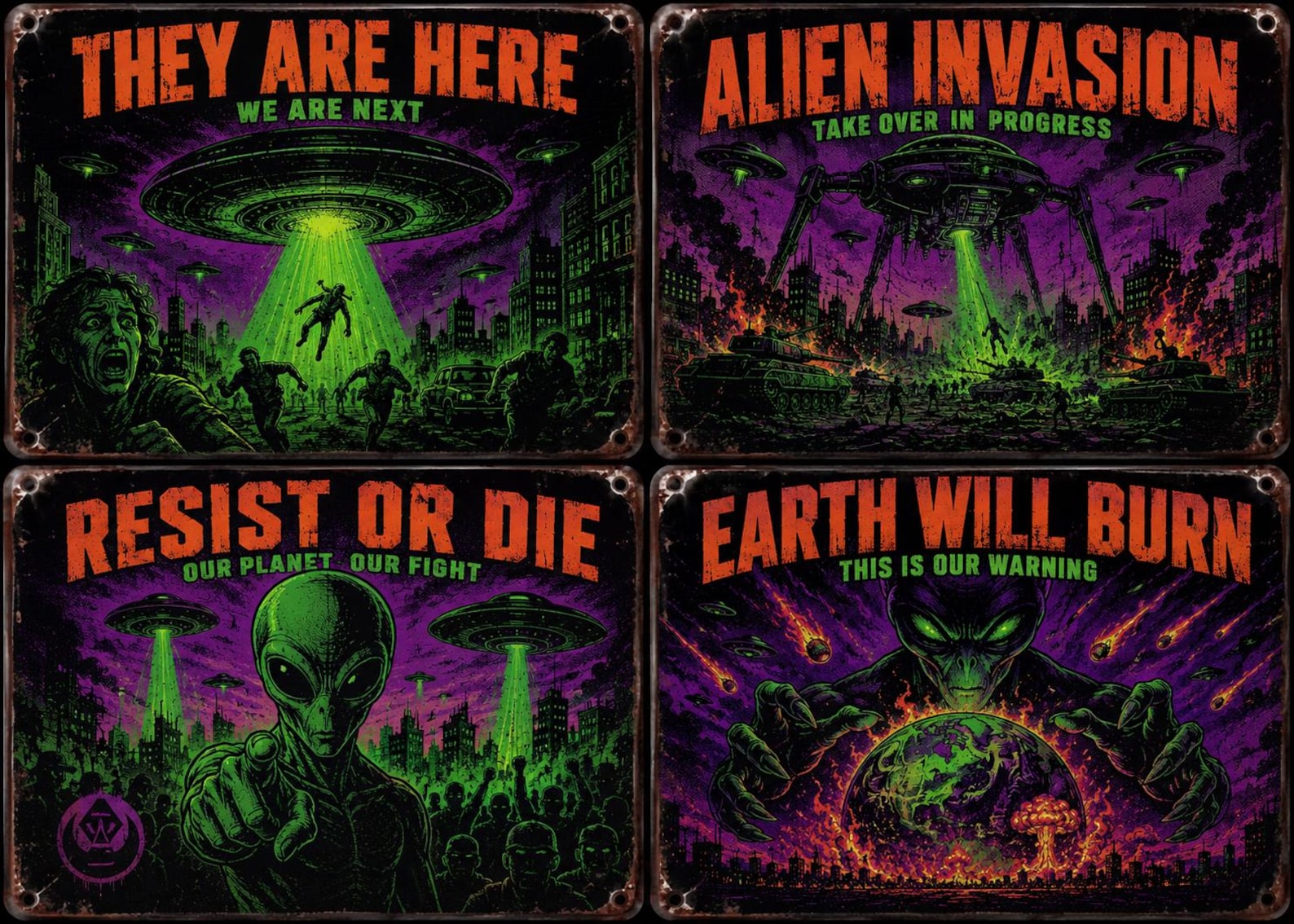 Retro Alien Invasion Metal Sign – "Obey Them Or Die" UFO Wall Decor