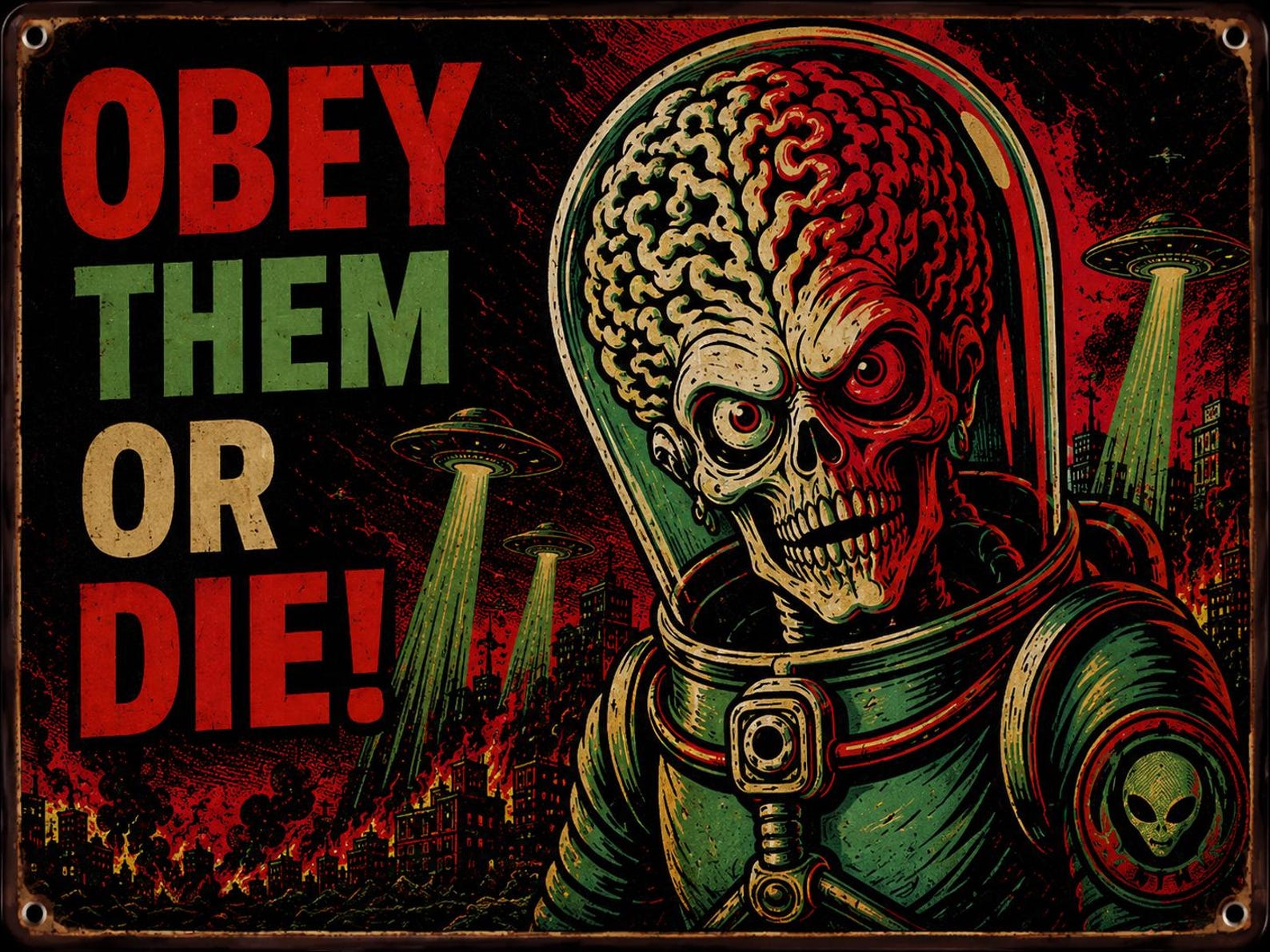 Retro Alien Invasion Metal Sign – "Obey Them Or Die" UFO Wall Decor