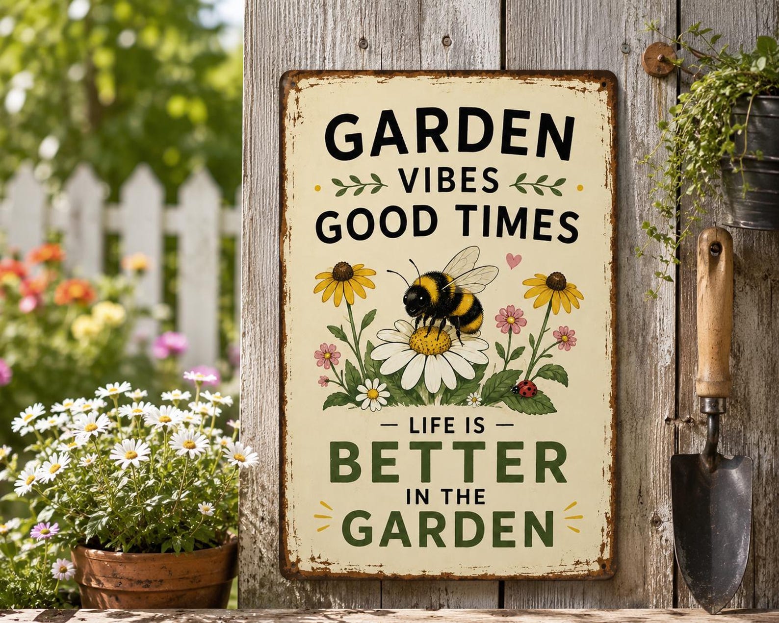 Bee Garden Metal Sign, Bumble Bee Wildflower Decor, Pollinator Patio Plaque