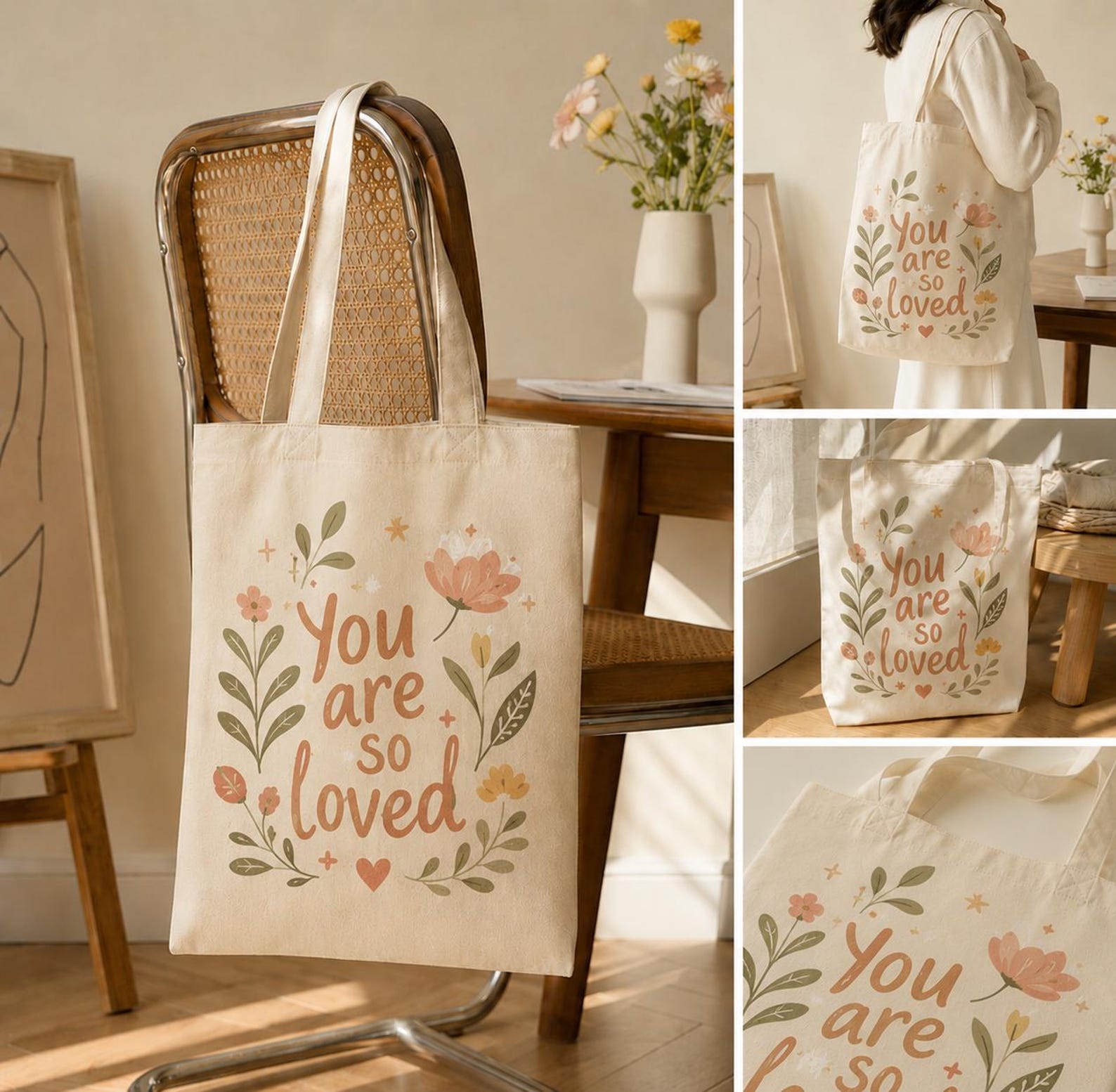 Floral Canvas Tote Bag, Botanical Cottagecore Reusable Shopping Bag