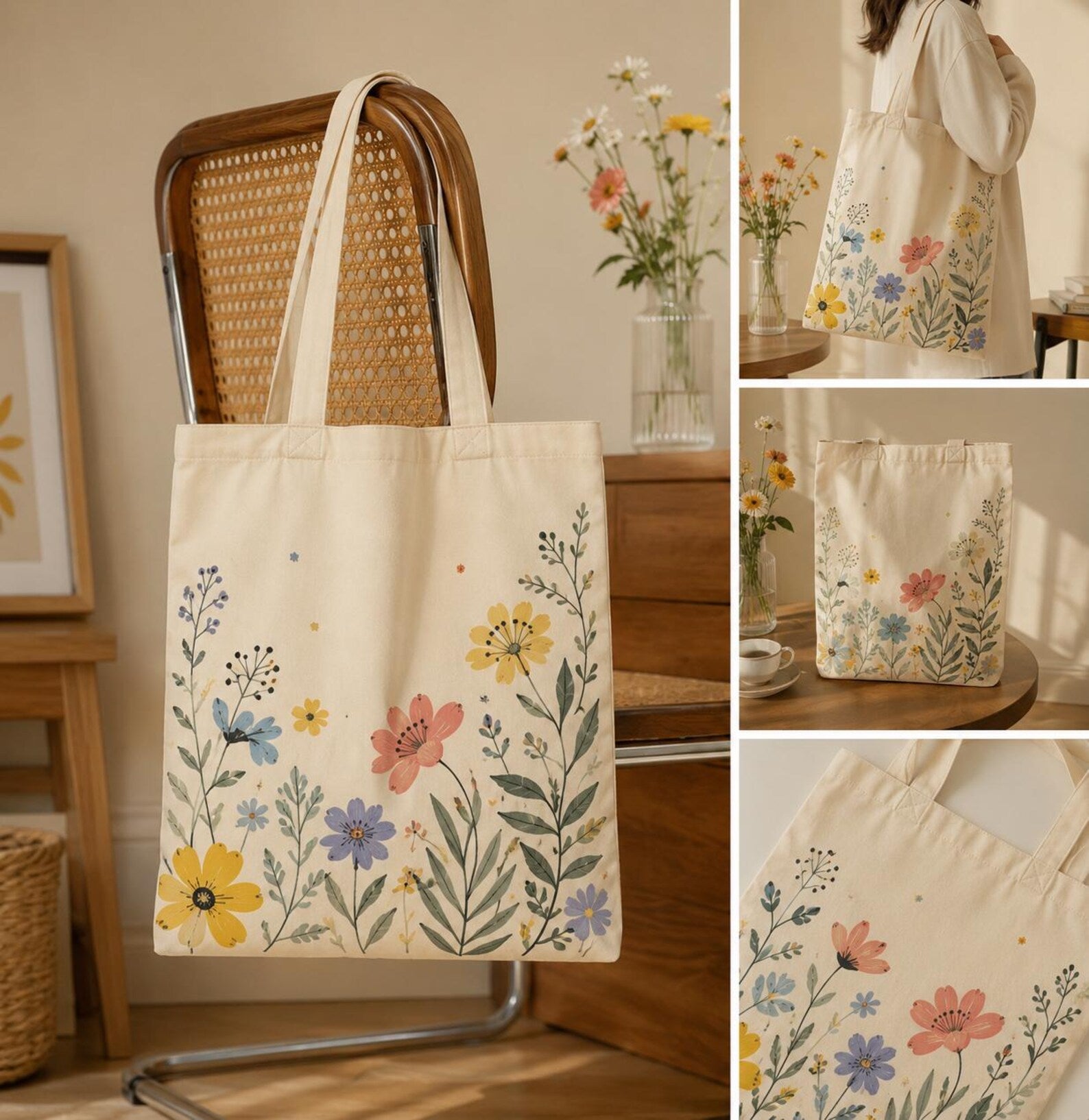 Floral Canvas Tote Bag, Botanical Cottagecore Reusable Shopping Bag