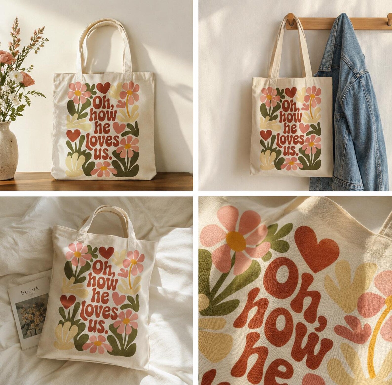 Floral Canvas Tote Bag, Botanical Cottagecore Reusable Shopping Bag