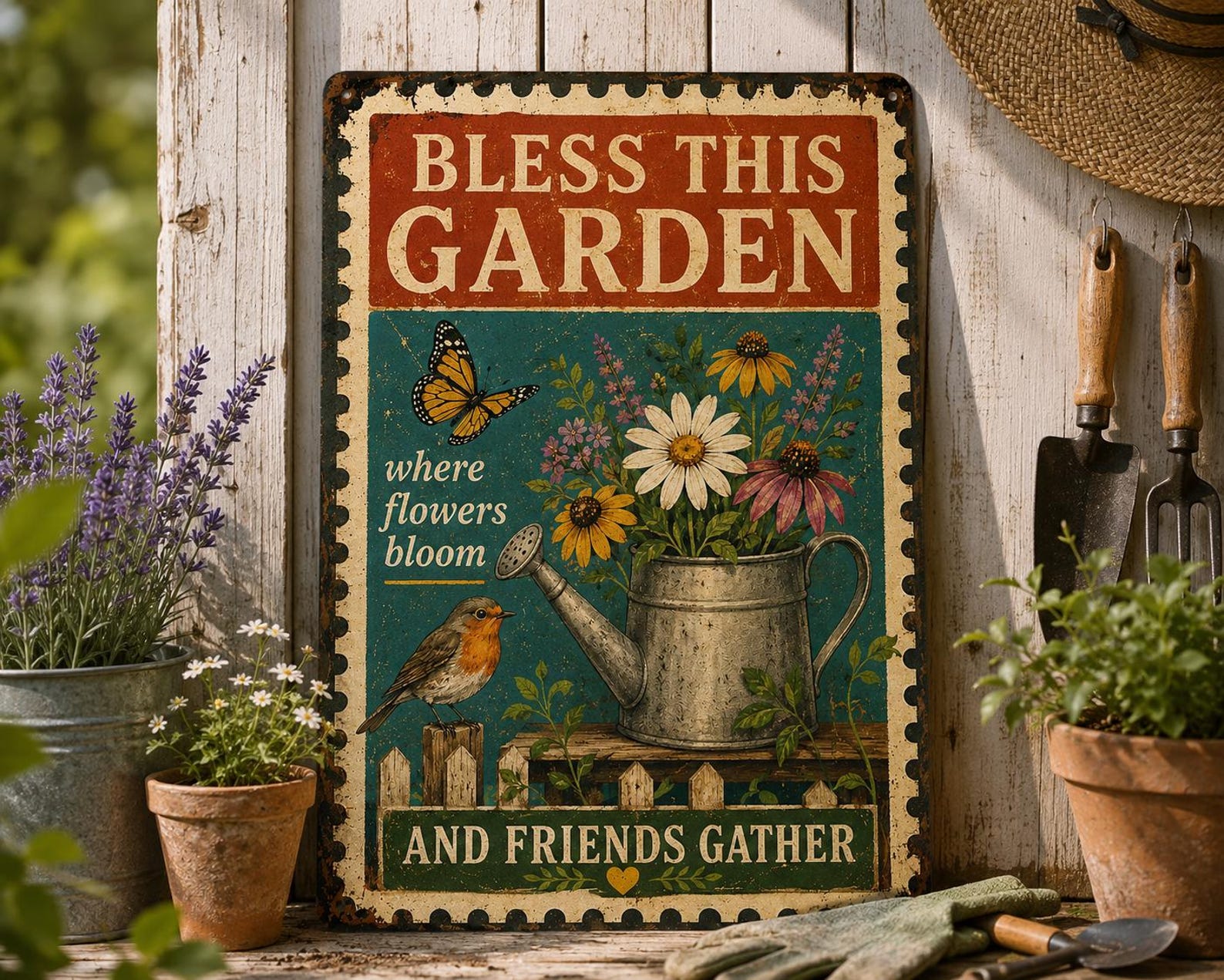 Bless This Garden Metal Sign, Vintage Botanical Wall Decor, Wildflowers Watering Can Plaque