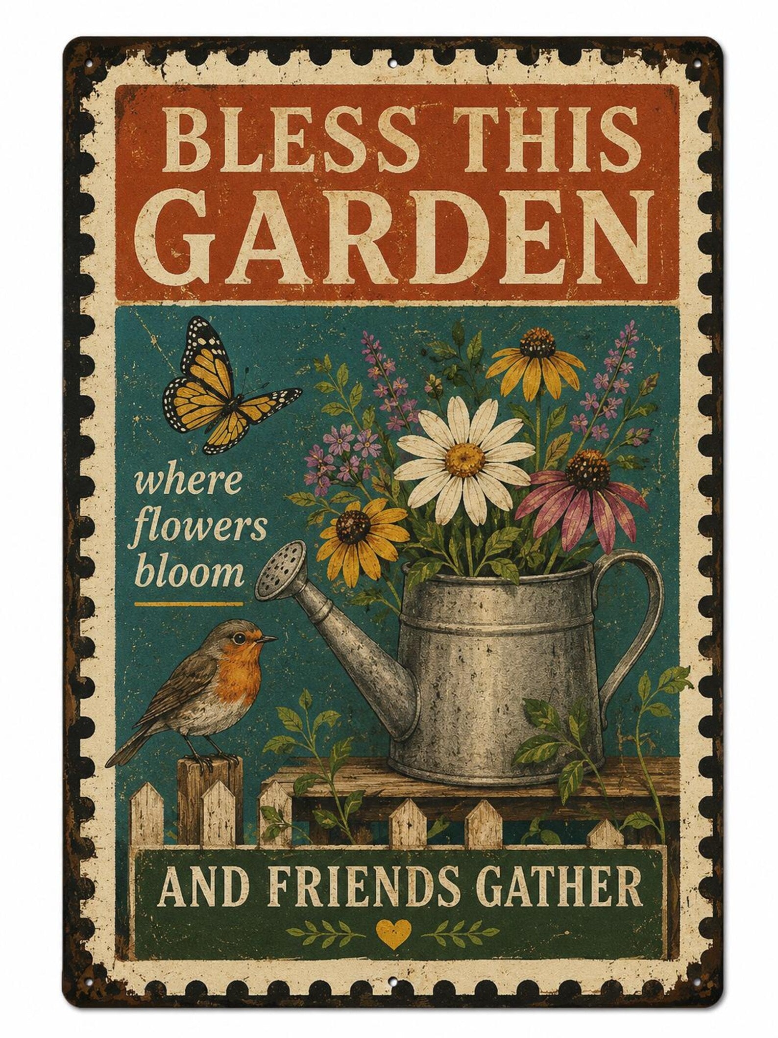 Bless This Garden Metal Sign, Vintage Botanical Wall Decor, Wildflowers Watering Can Plaque