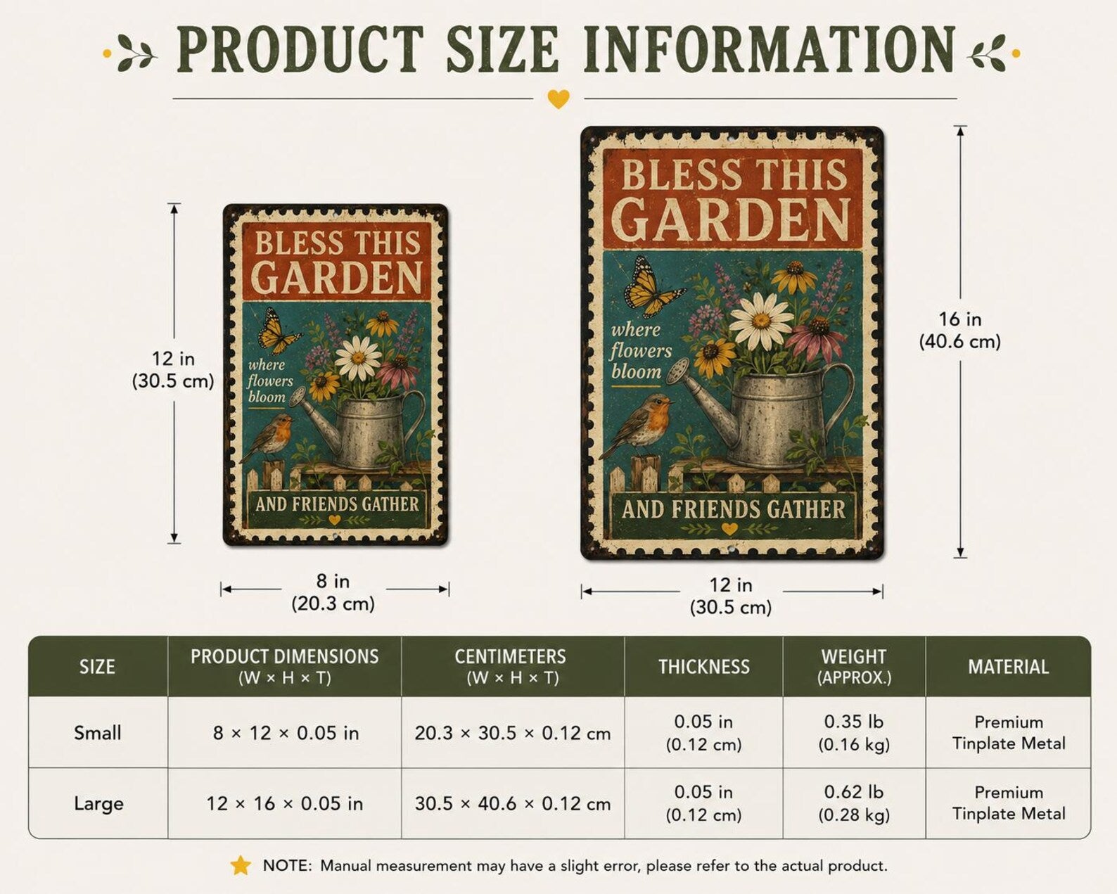 Bless This Garden Metal Sign, Vintage Botanical Wall Decor, Wildflowers Watering Can Plaque