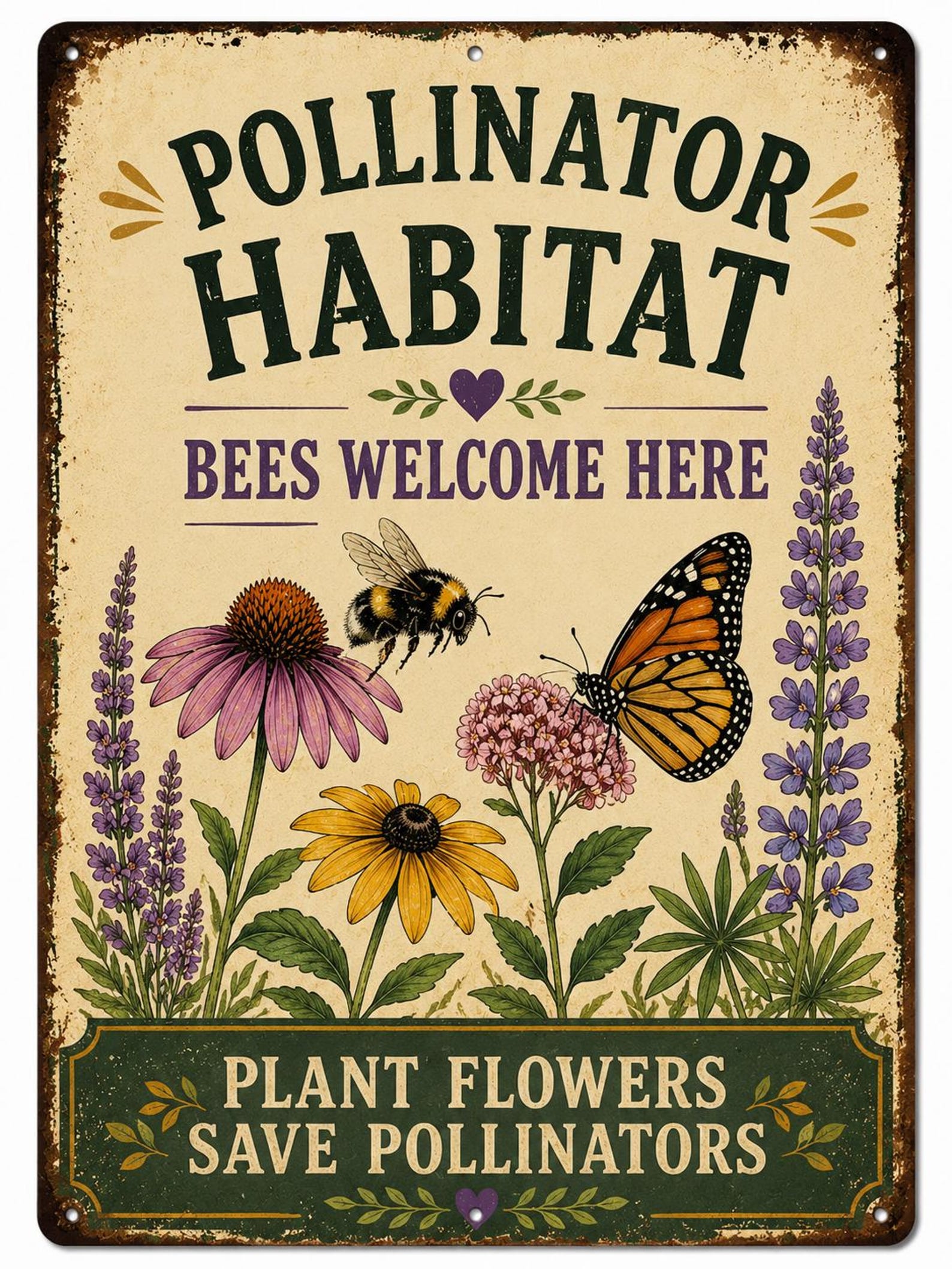Pollinator Garden Metal Sign, Bee Butterfly Wildlife Habitat Plaque