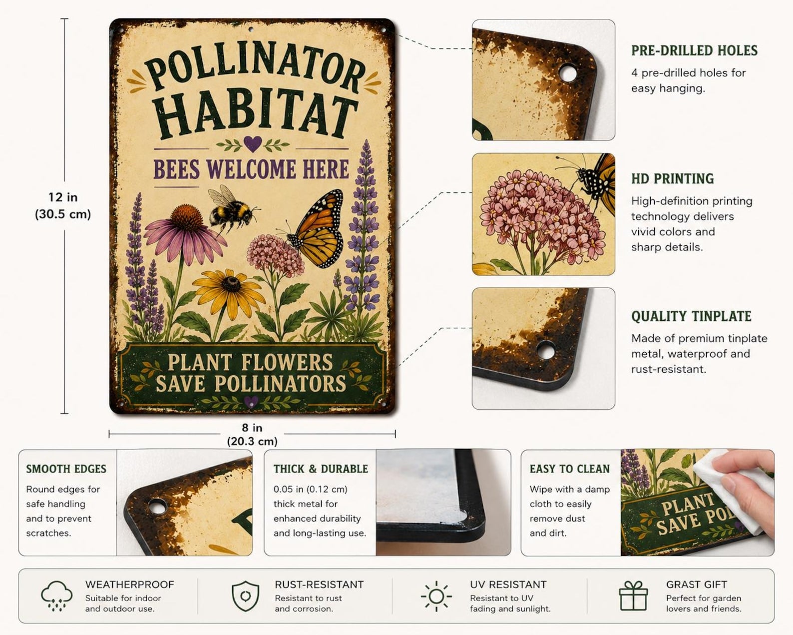 Pollinator Garden Metal Sign, Bee Butterfly Wildlife Habitat Plaque