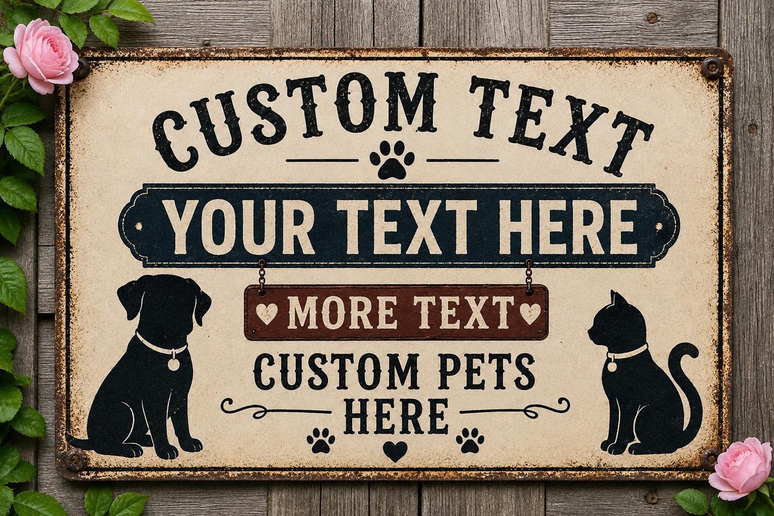 Personalized Pet Metal Sign, Vintage Farmhouse Dog Cat Decor, Custom Family Name Plaque