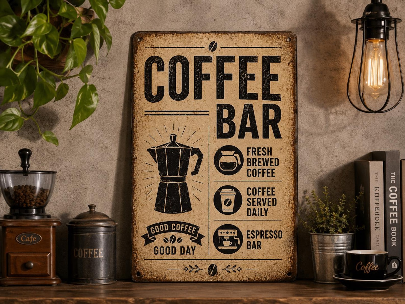 Retro Coffee Bar Metal Sign, Fresh Brewed Espresso Wall Art