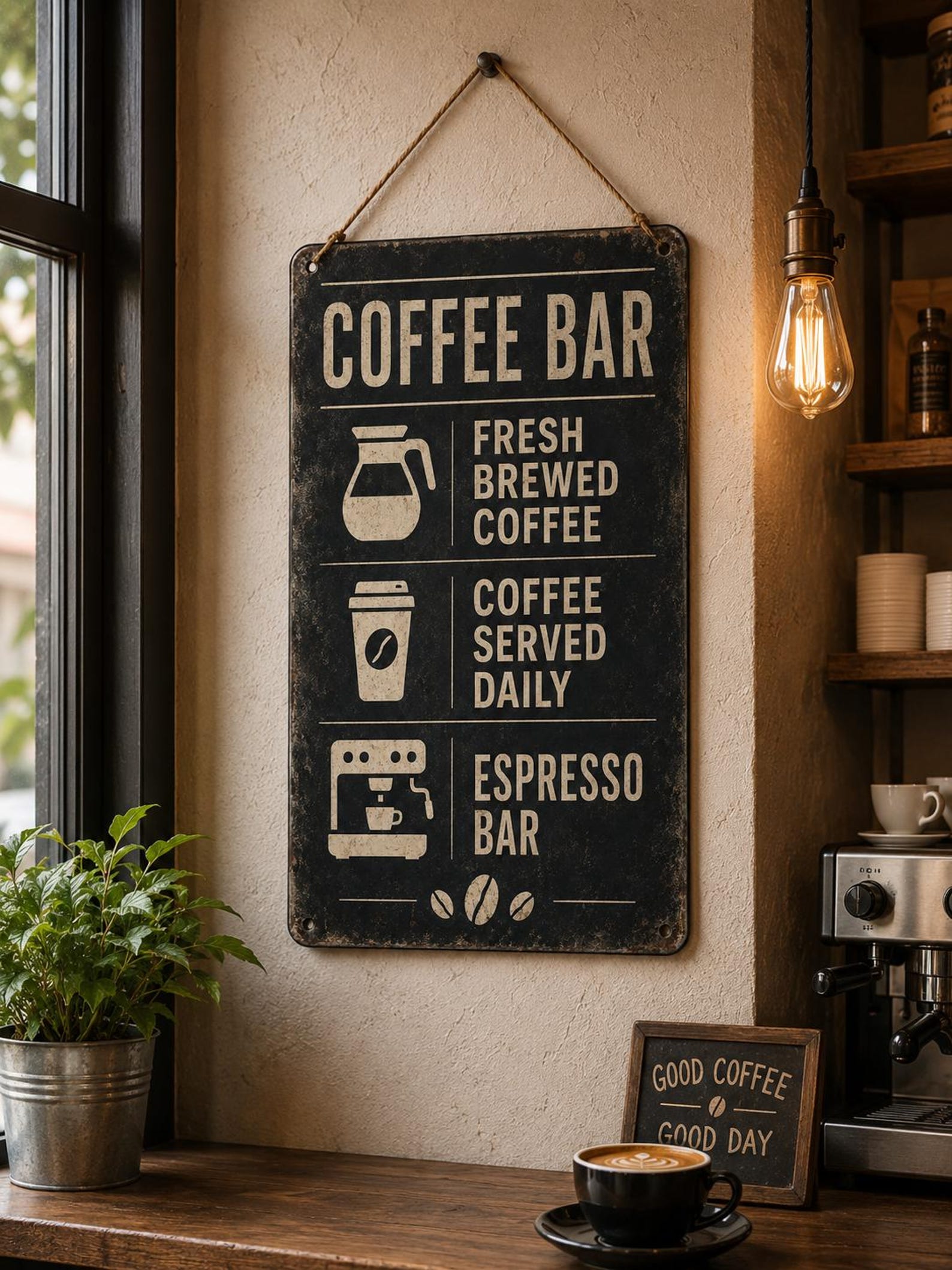 Industrial Coffee Bar Sign, Vintage Espresso Station Metal Decor, Cafe Kitchen Wall Art