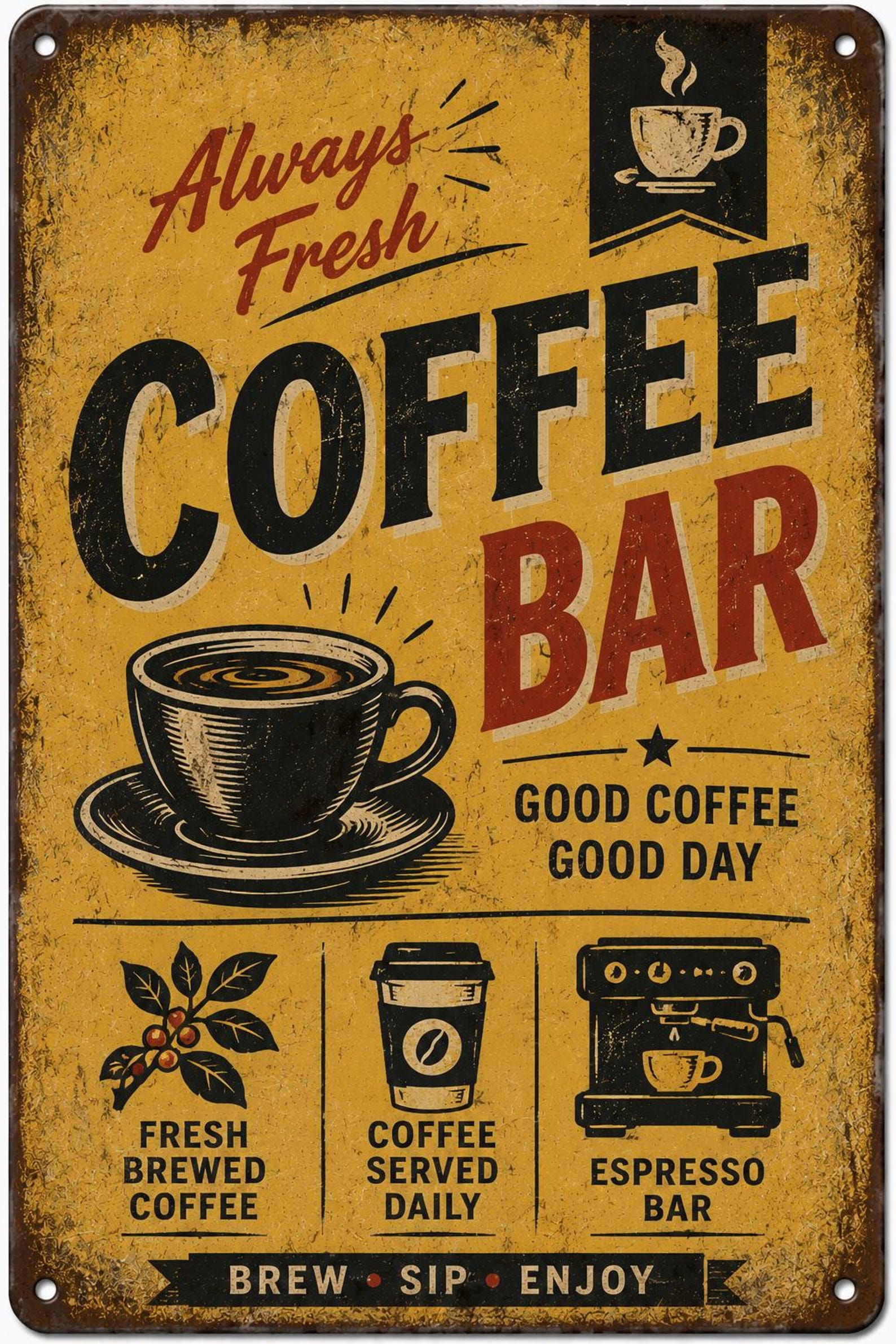 Retro Coffee Bar Metal Sign, Vintage Cafe Wall Art, Fresh Brewed Coffee Decor