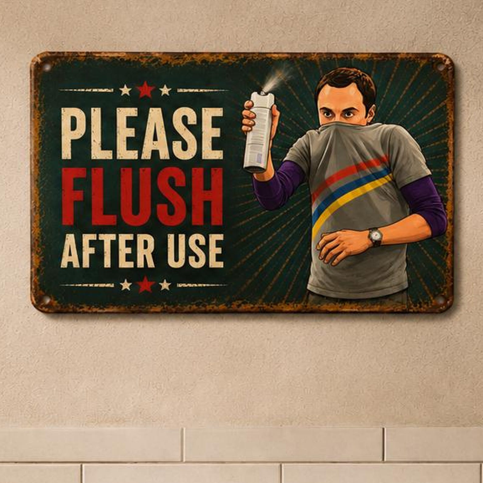 Funny Bathroom Sign, Retro Restroom Wall Decor, Please Flush After Use Metal Sign