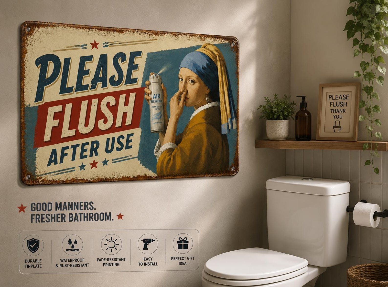 Vintage Metal Sign, Please Flush After Use, Funny Bathroom Decor