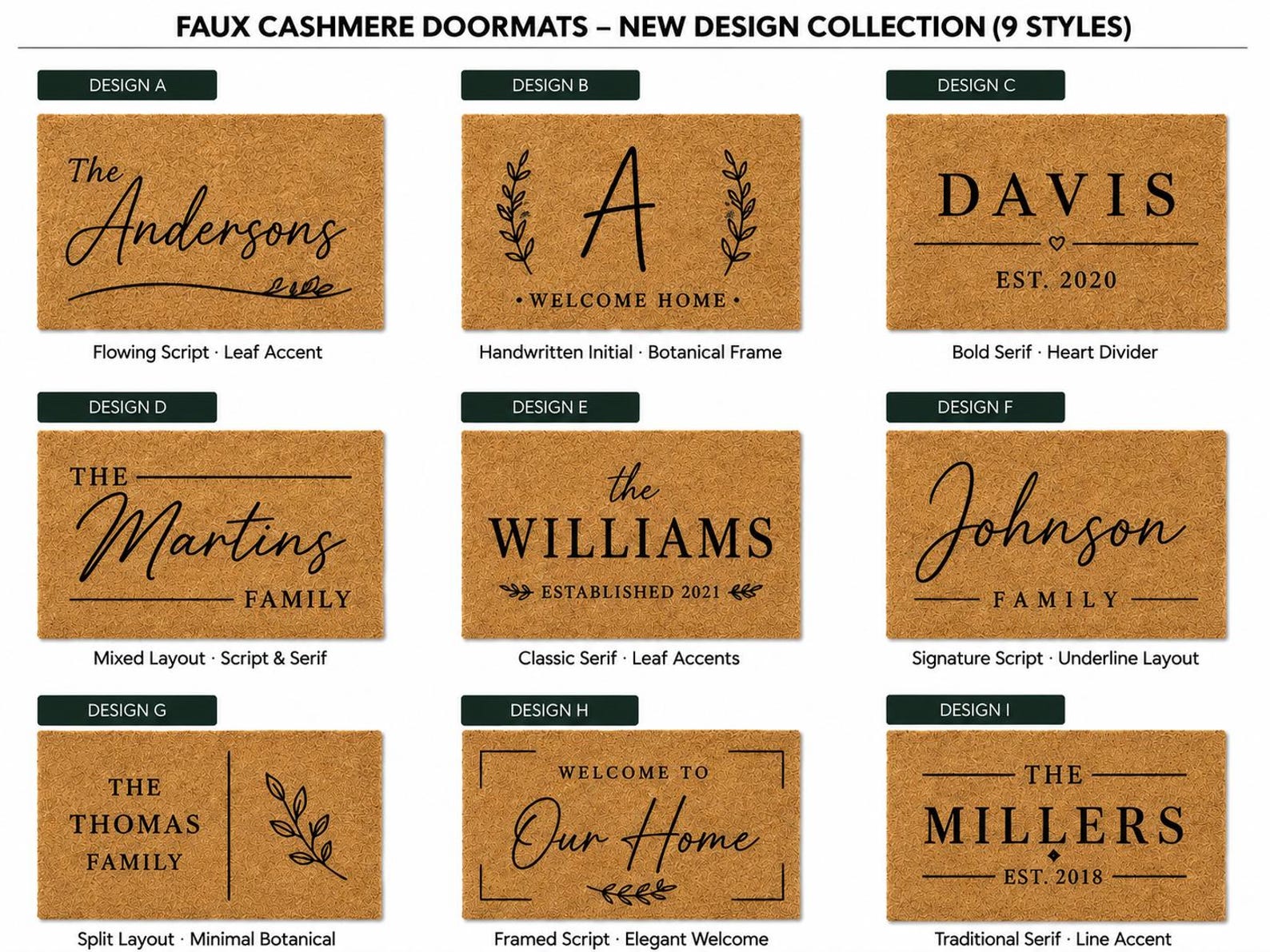 Personalized Family Doormat, Custom Script Last Name Welcome Mat, Modern Entryway Rug