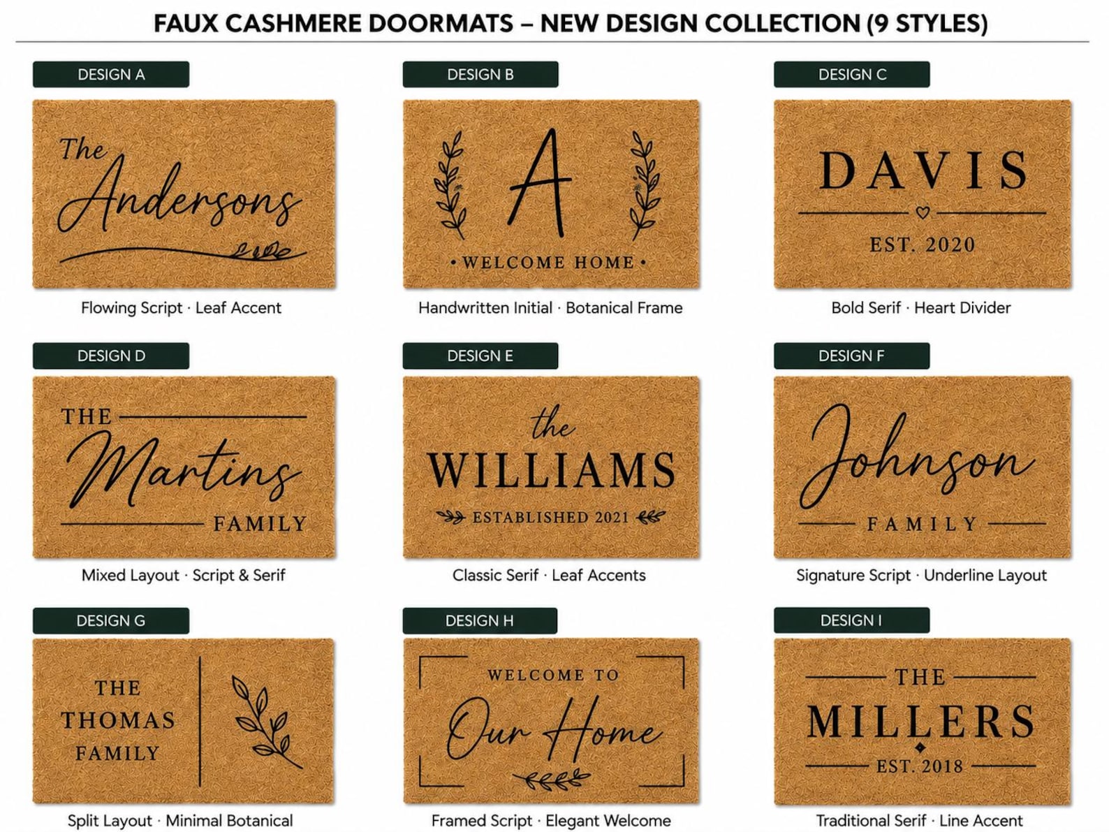 Personalized Family Doormat, Custom Script Last Name Welcome Mat, Modern Entryway Rug