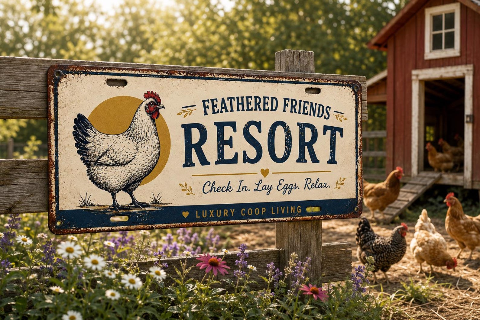 Chicken Resort Metal Sign, Farmhouse Coop Decor, Vintage Hen Art, Backyard Poultry Gift