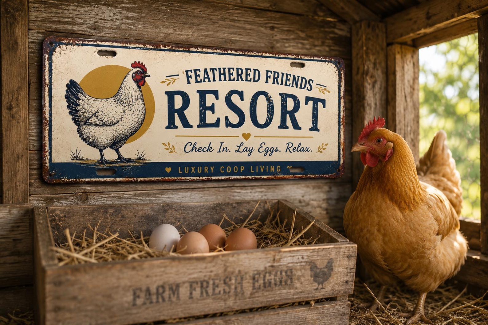 Chicken Resort Metal Sign, Farmhouse Coop Decor, Vintage Hen Art, Backyard Poultry Gift