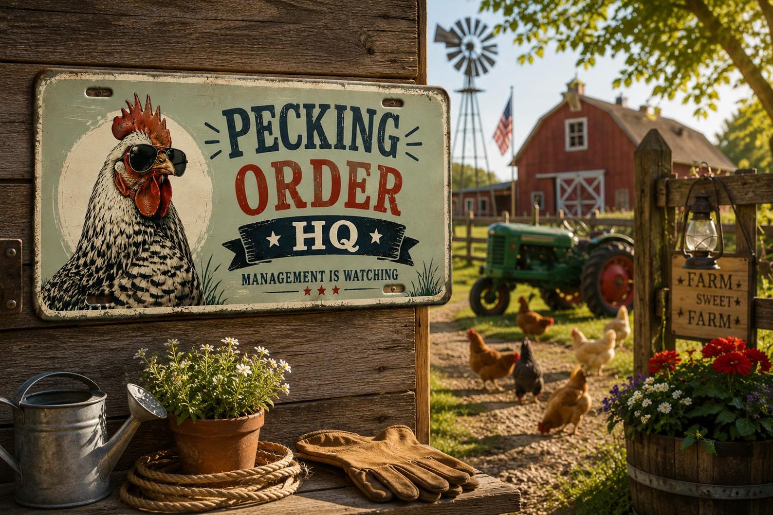 Pecking Order HQ Metal Sign, Funny Chicken Coop Boss Decor, Vintage Hen Wall Art