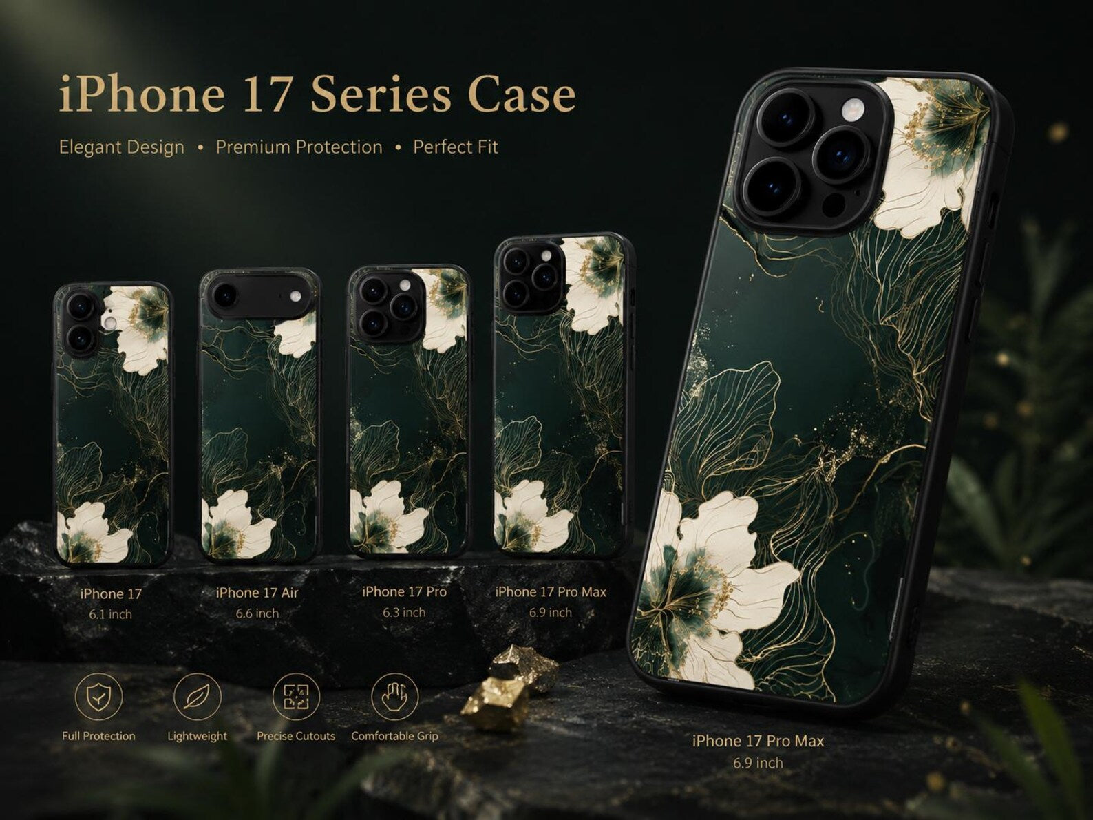 Floral iPhone 17 Series Case – Black Gold Botanical Protective Cover