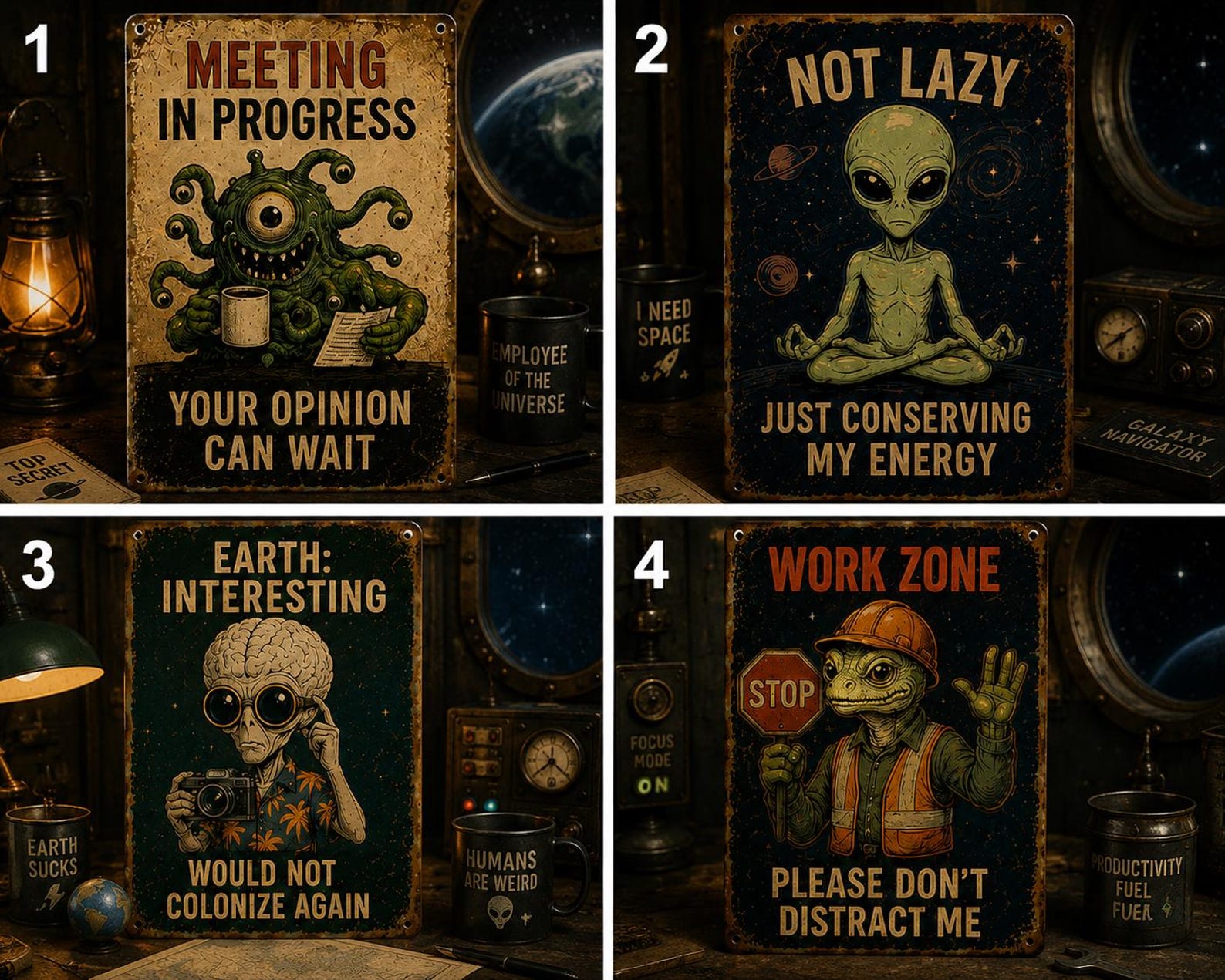 Funny Alien Coffee Metal Sign, Retro Space Wall Decor (8x12 Inch)