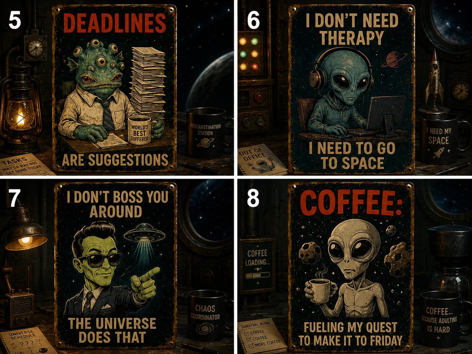 Funny Alien Coffee Metal Sign, Retro Space Wall Decor (8x12 Inch)