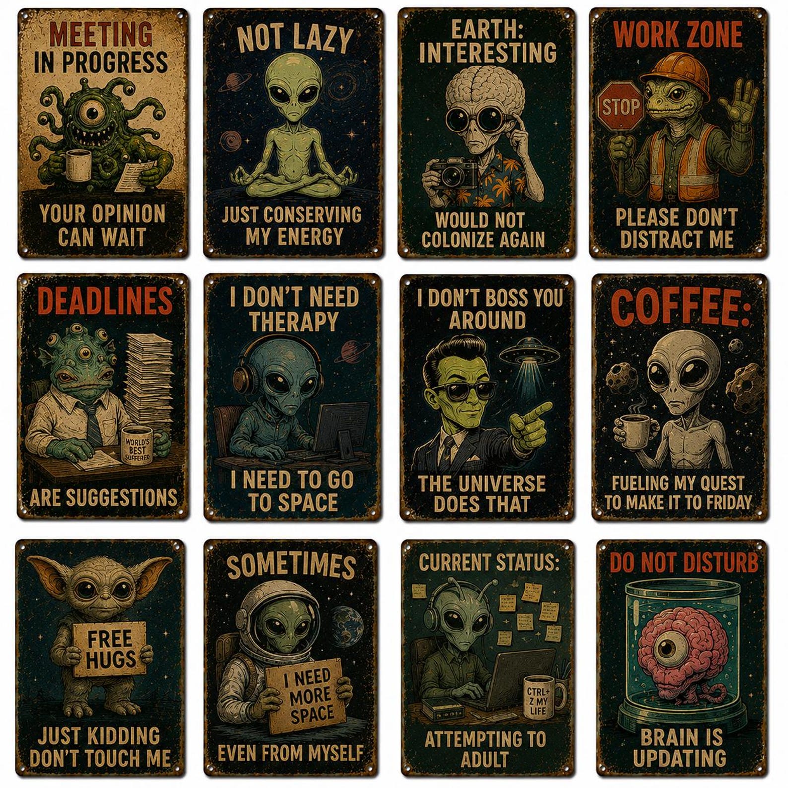 Funny Alien Coffee Metal Sign, Retro Space Wall Decor (8x12 Inch)