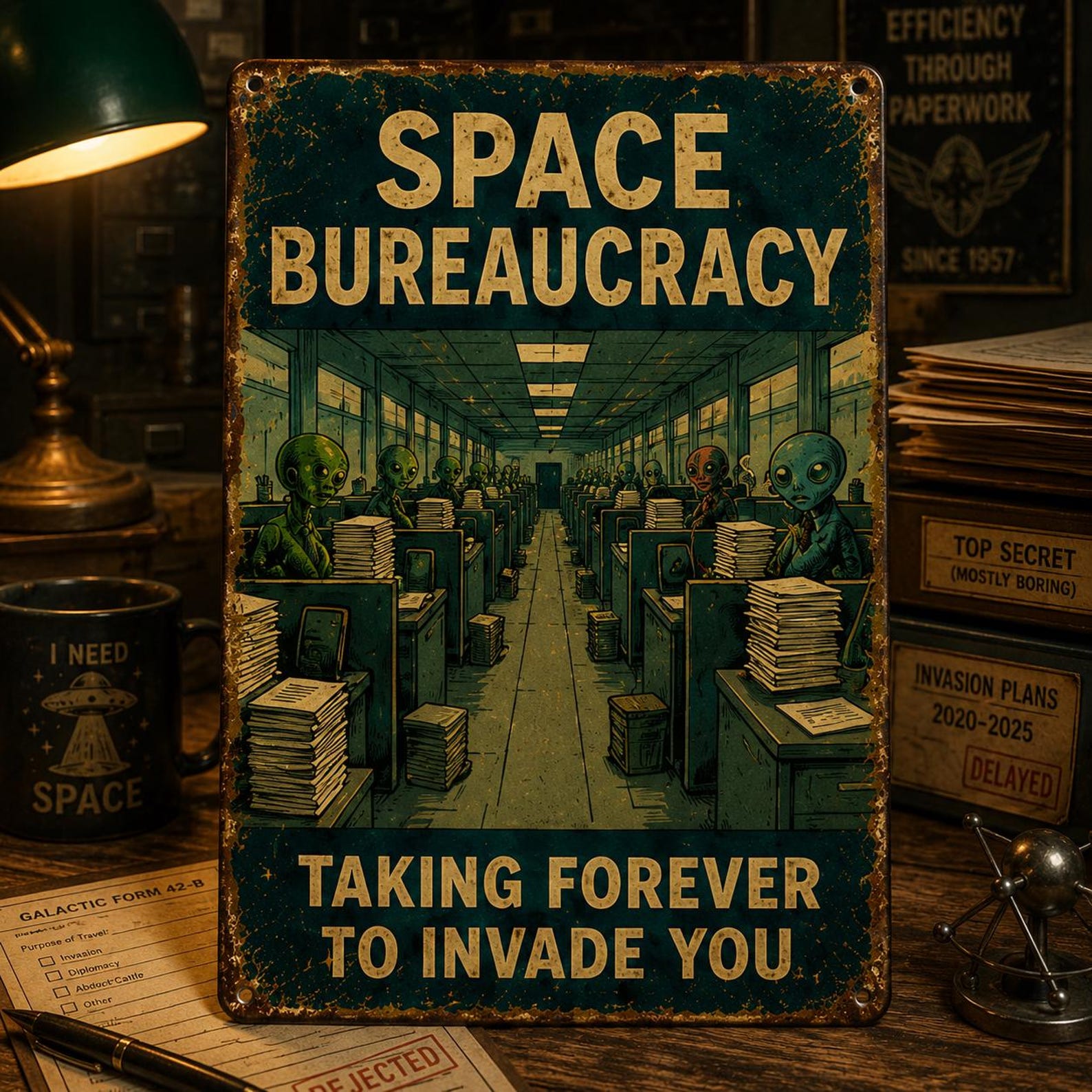 Retro Alien Invasion Metal Sign, Vintage UFO Space Decor, Funny Office Wall Plaque