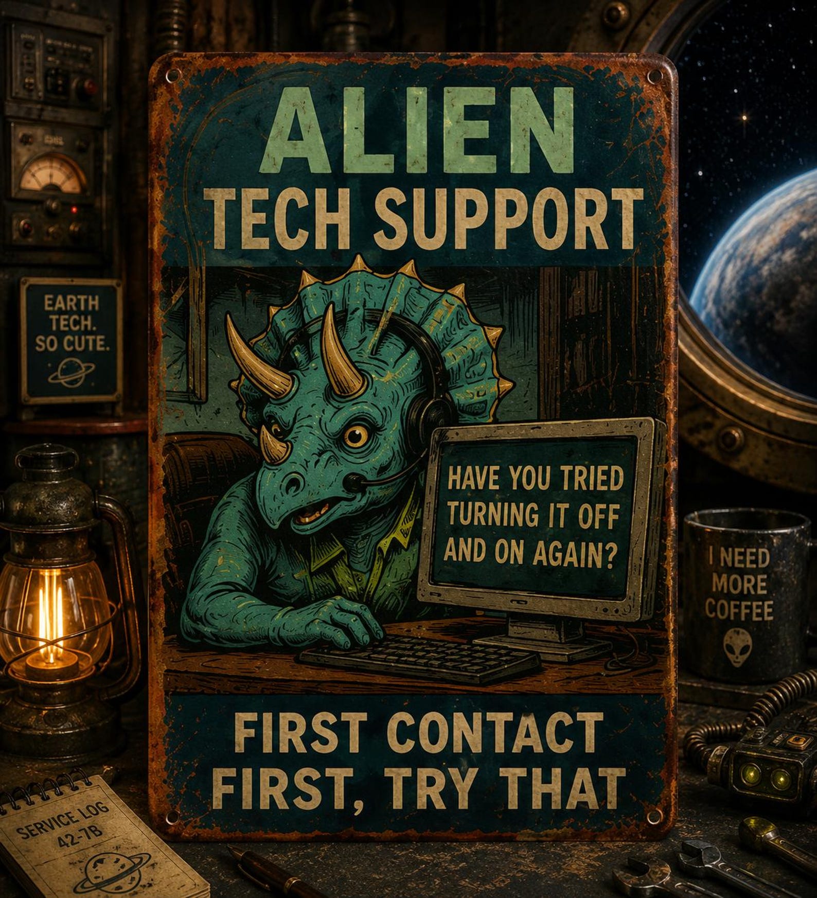 Retro Alien Invasion Metal Sign, Vintage UFO Space Decor, Funny Office Wall Plaque