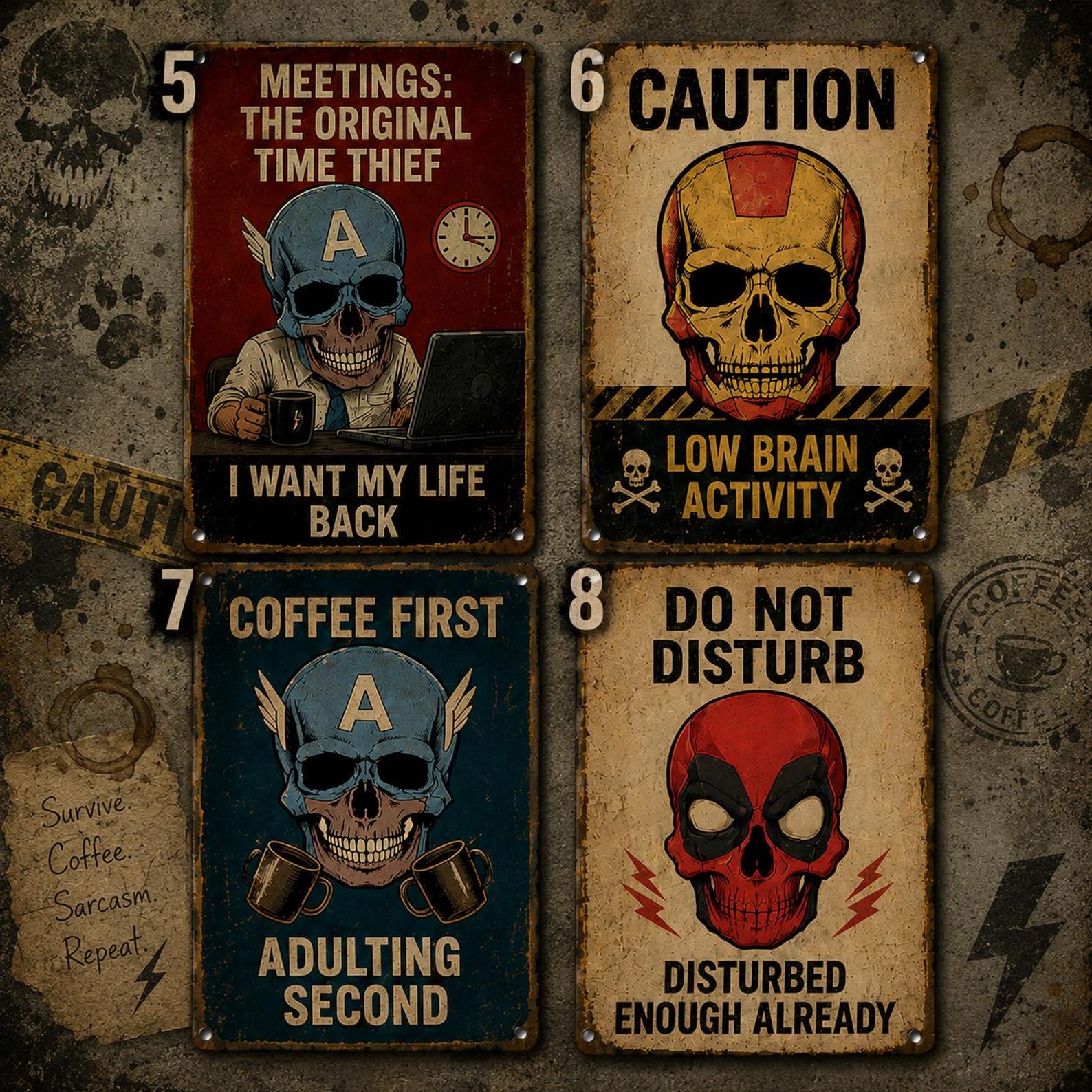 Superhero Skull Metal Sign, Sarcastic Office Wall Decor, Man Cave Art, Retro Tin Sign