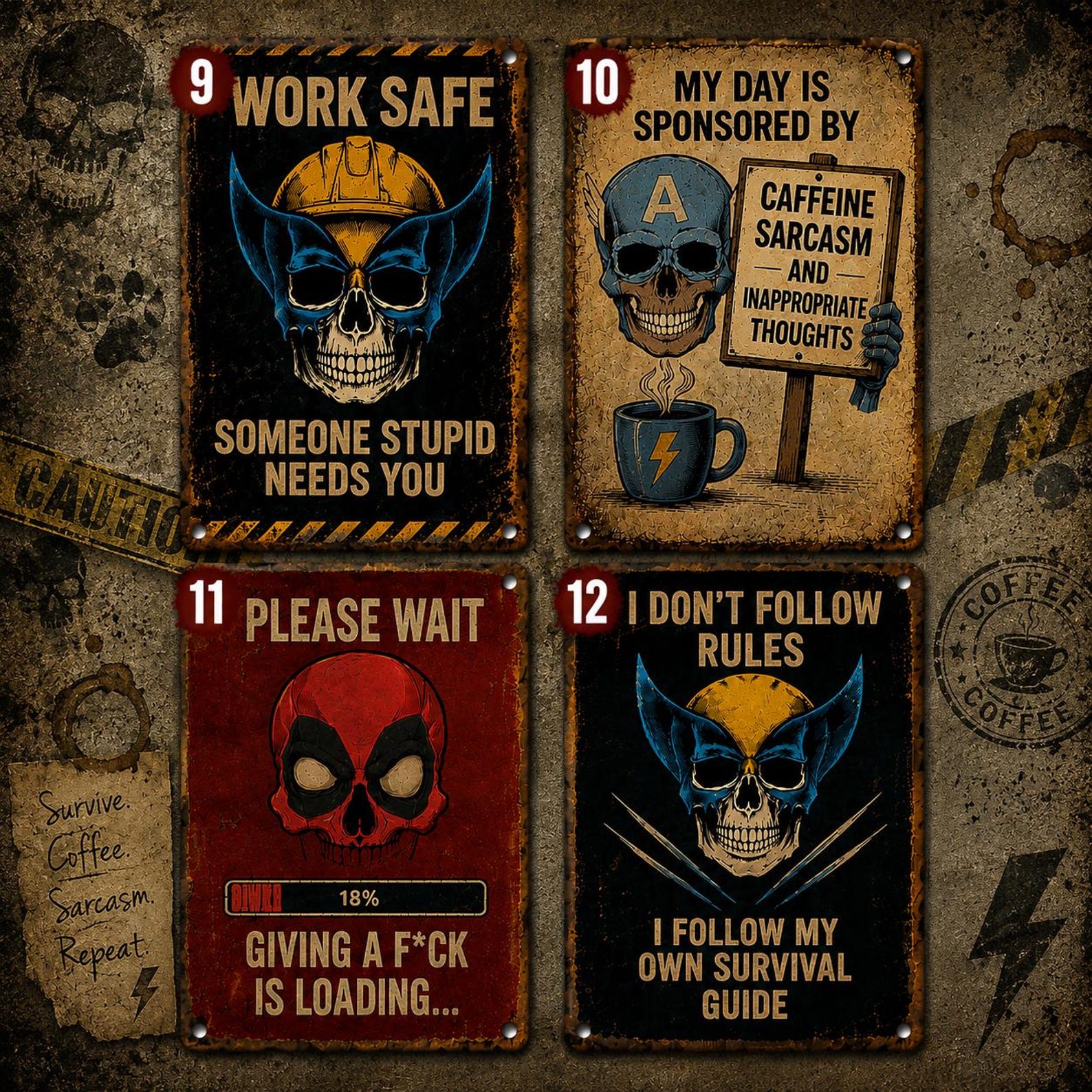 Superhero Skull Metal Sign, Sarcastic Office Wall Decor, Man Cave Art, Retro Tin Sign