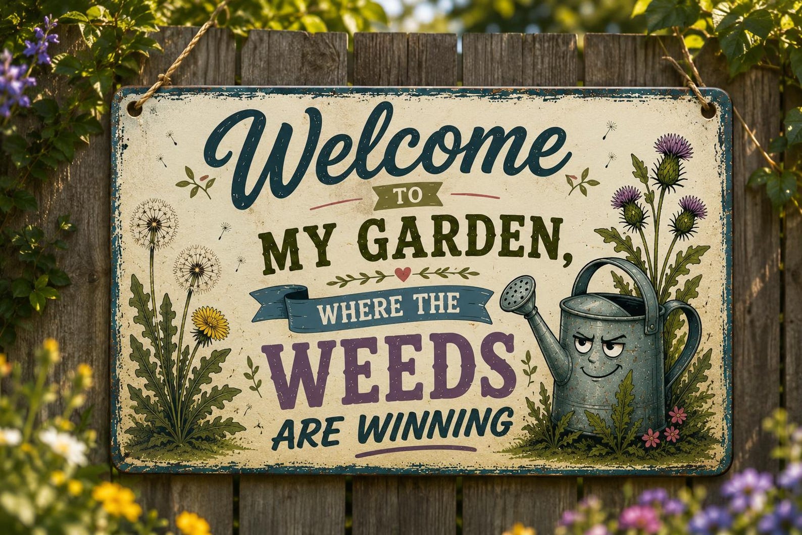 Funny Garden Metal Sign, Welcome Weeds Are Winning, Rustic Yard Decor